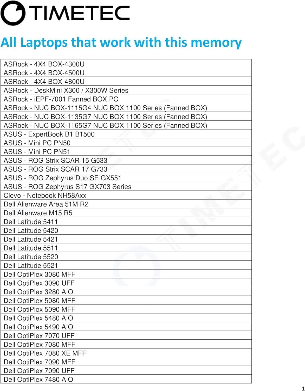 Timetec Timetec 64GB KIT(2x32GB) DDR4 3200MHz Compatible for Dell Gaming Laptops PC4-25600 Non-ECC Unbuffered 1.2V CL22 2Rx8 Dual Rank 260 Pin SODIMM Gaming Laptop Notebook PC Computer Memory RAM