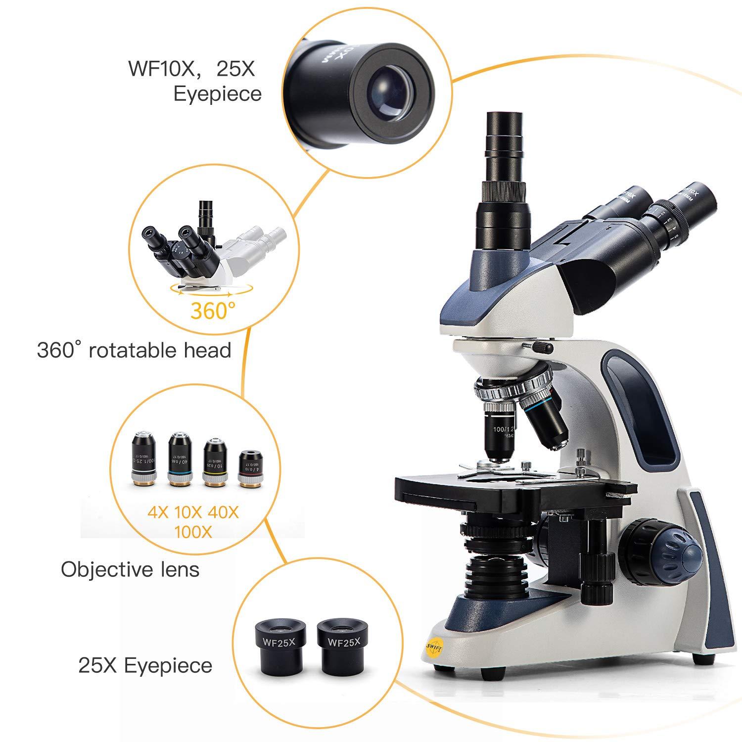 SWIFT Swift SW380T Compound Trinocular Microscope,40X-2500X Magnification,Two-Layer Mechanical Stage,5.0 MP Camera and Software Windows/Mac Compatible and 100 PCS Blank Slides
