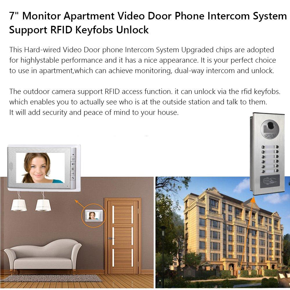 AMOCAM AMOCAM Video Intercom Entry System, Wired 7" LCD Monitor Video Door Phone Kits for 8 Units Apartment, Support Monitoring, Unlock, Dual Way Door Intercom, ID Keyfob Unlock,New