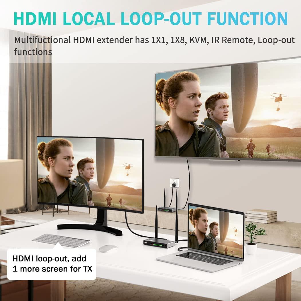 TIMBOOTECH TIMBOOTECH Wireless HDMI Transmitter & 2 Receivers, Multiple TVs, 5.8G HDMI Wireless Extender, 1080P@60Hz, 820FT, KVM, IR Remote, HDMI Loop Out, Live Stream Video &Audio to Multiple Displays(1TX+2RX)