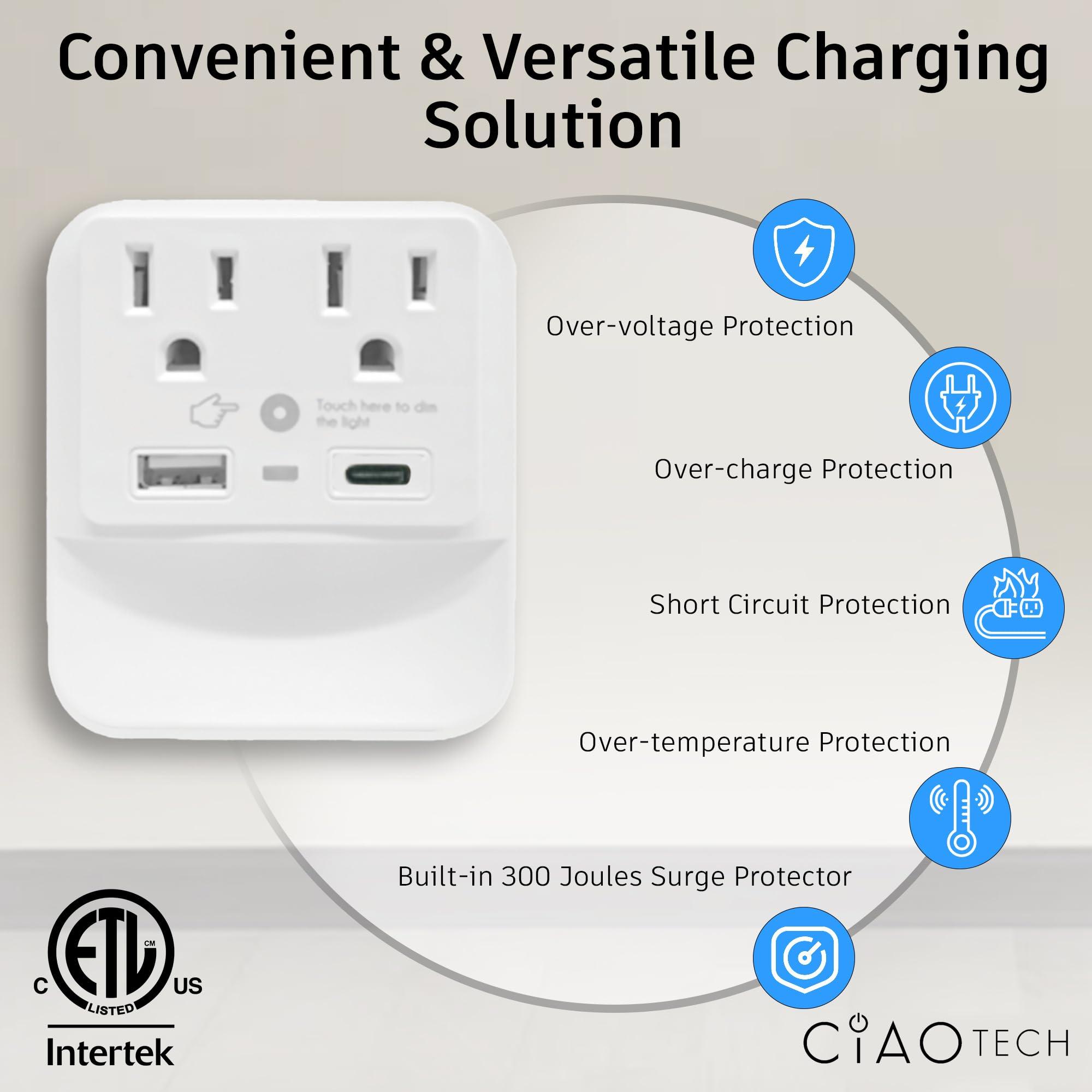 CIAO TECH 2 Outlet Extender with 1 USB-A & 1 USB-C with White Led Light - Multi Plug Outlet with 300 Joules Surge Protector - Multipurpose USB Outlet with 2.4A Fast Charging (White)