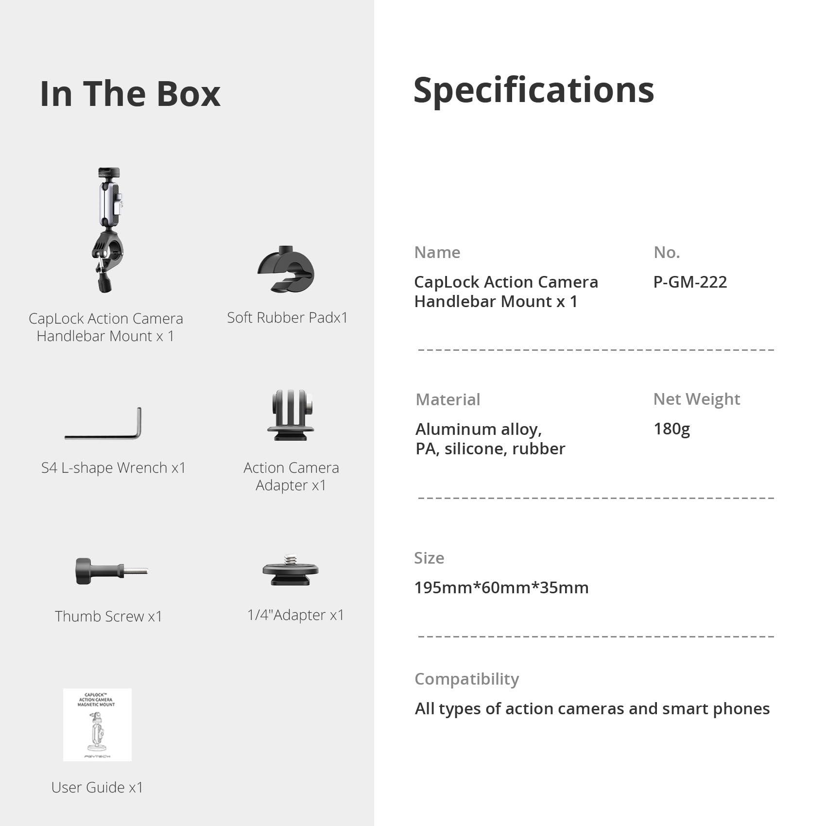 PGYTECH PGYTECH CapLock Bike Motorcycle Handlebar Mount for DJI OSMO Action 5 Pro/4/3/Pocket 3, for Gopro Hero 13/12/11, for Insta360 Ace Pro 2/X4/X3/ONE RS, Action Camera Phones with 1/4\"-20 Thread Adapter