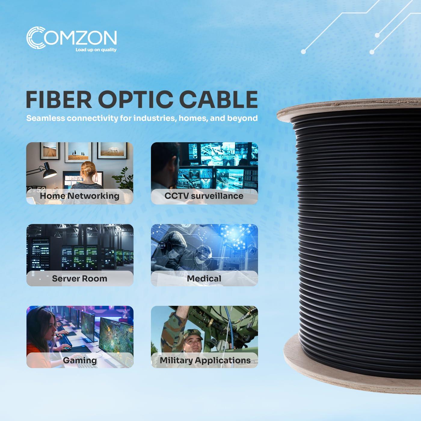 COMZON 12-Strand Fiber Indoor/Outdoor Singlemode Fiber Optic Cable, OS2 9/125, Black PVC, Riser Rated, Spool, Water-Blocking Aramid Yarn, UL Listed for High-Speed Internet and Network Installations, 1000ft