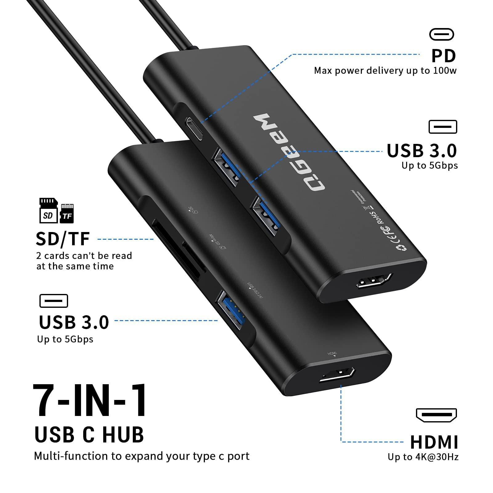 QGeeM USB C Hub, QGeeM USB C to HDMI Adapter 4k, 7 in 1 USB C Dongle with 100W Power Delivery,3 USB 3.0 Ports, SD/TF Card Reader, Compatible for MacBook Ipad HP Dell XPS and More Type C Device-Black