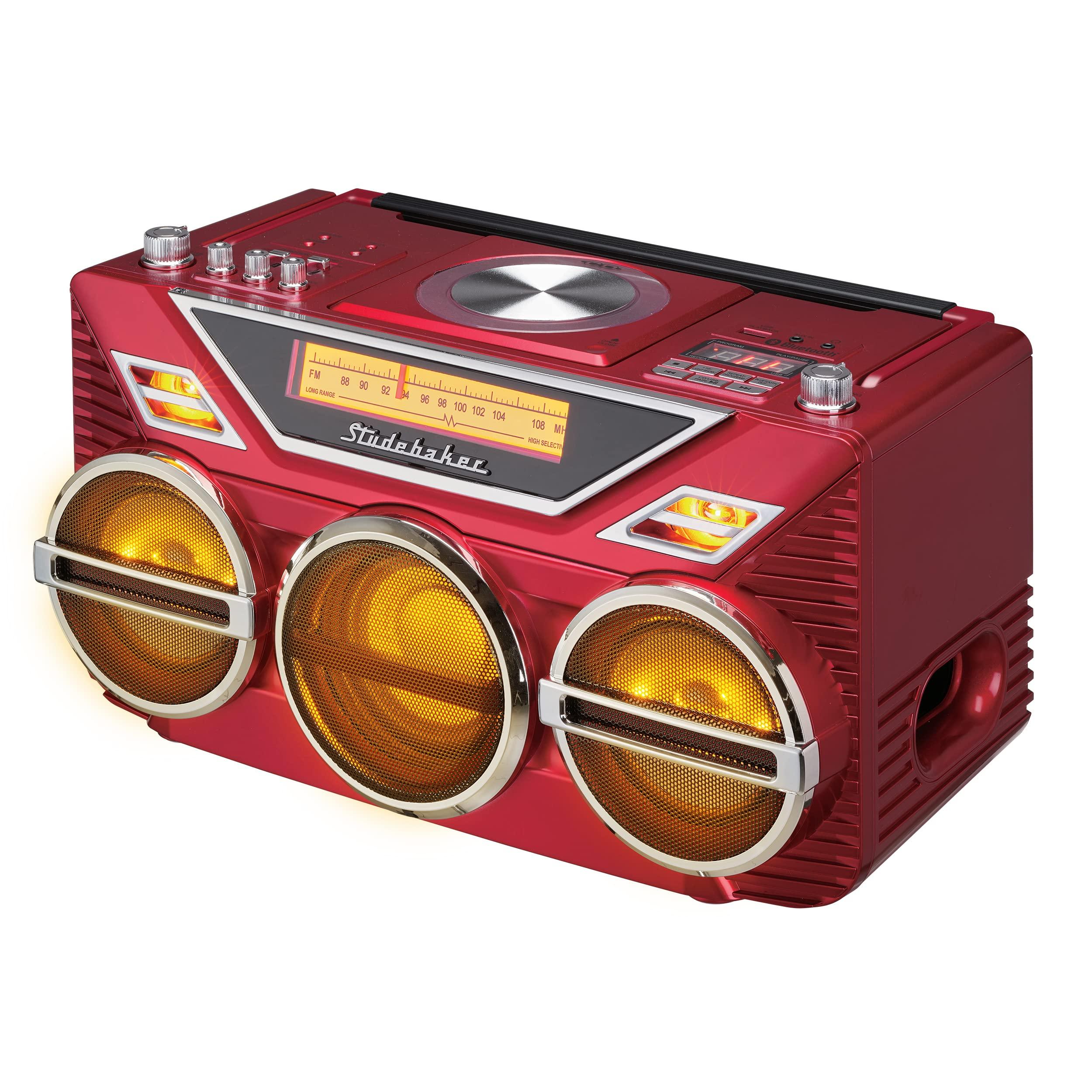 Studebaker Retro Studebaker Avanti Stereo Boombox with CD, FM Stereo Radio, Bluetooth Receive and Transmit, LED Light Show and 15W Subwoofer for High Power Bass (Red)
