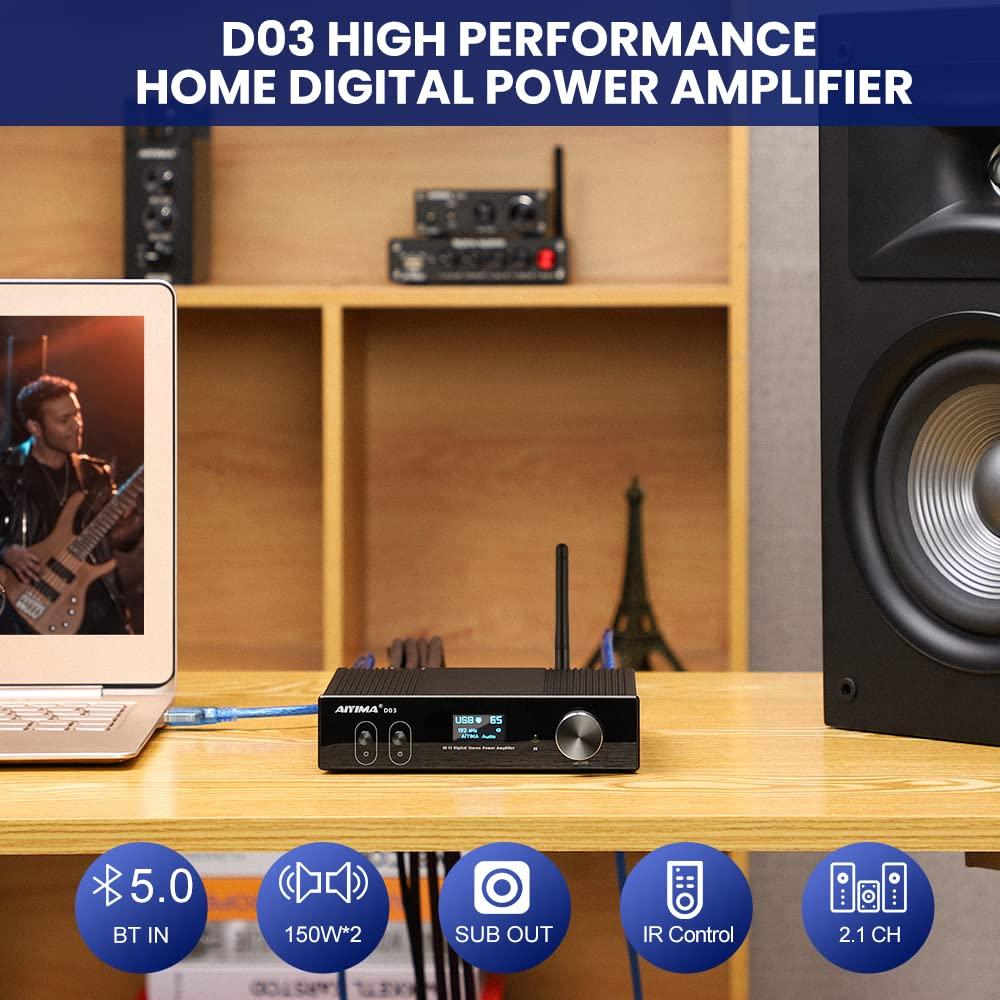 AIYIMA AIYIMA D03 Bluetooth 5.0 DAC Amplifier 150 Watt x 2 Stereo HiFi 2.1 CH Digital Sound Amplificador 24Bit/192kHz Class D Power Amp USB Coaxial Optical OLED AptX, Support Subwoofer & with Remote