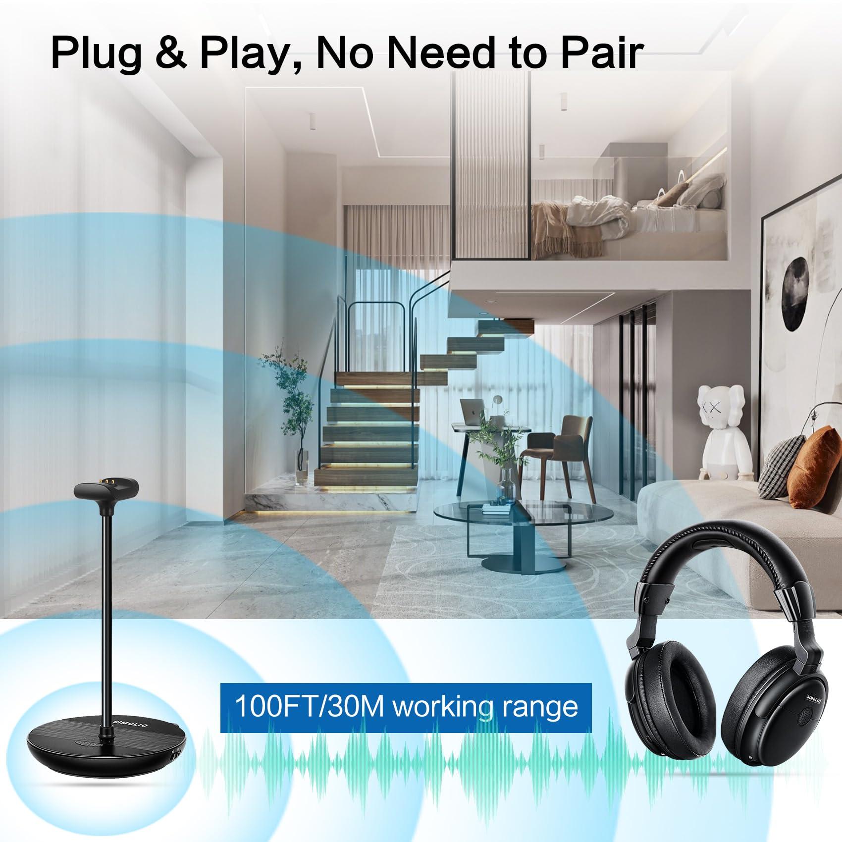 SIMOLIO SIMOLIO Wireless Headphones for TV with Clear Dialog Mode, Boosted Volume & Spare Battery for Seniors, Comfortable TV Watching w/L/R Balance, by-Pass, Charging/Transmitter Stand 2-in-1, No Pairing
