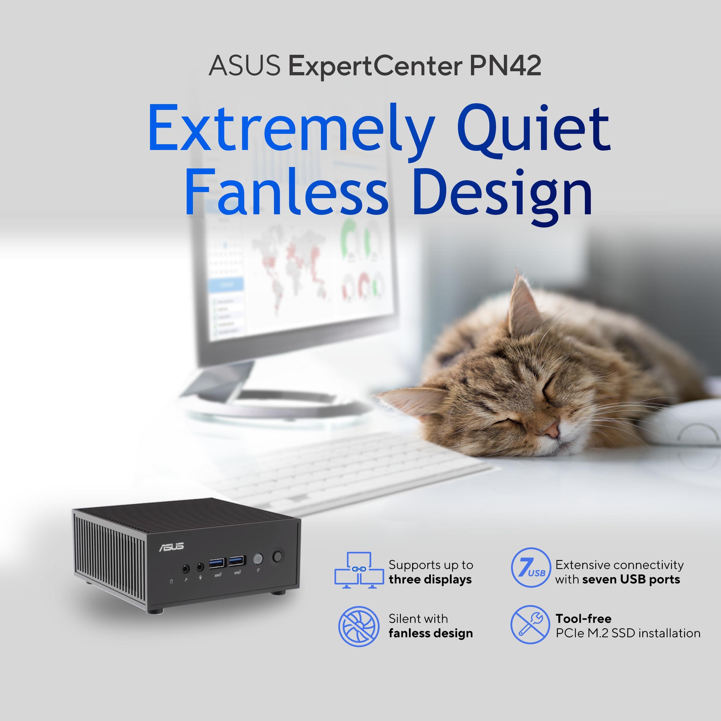 ASUS ASUS ExpertCenter PN42 Fanless Mini PC Barebone with Intel 12th gen Quad Core N100, Dual 4K Support, Dual LAN, 7 x USB, COM Port, WiFi 6E, Bluetooth, VESA Mount