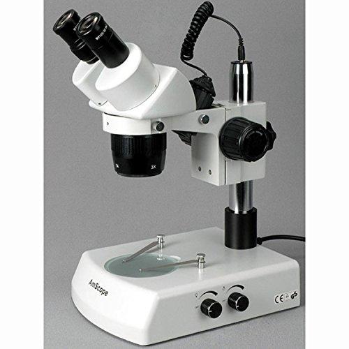 AmScope AmScope SW-2B24X Binocular Stereo Microscope, WH10x Eyepieces, 10X/20X/40X Magnification, 2X/4X Objective, Upper and Lower Halogen Lighting, Pillar Stand, 110V-120V, Includes 0.5x Barlow Lens