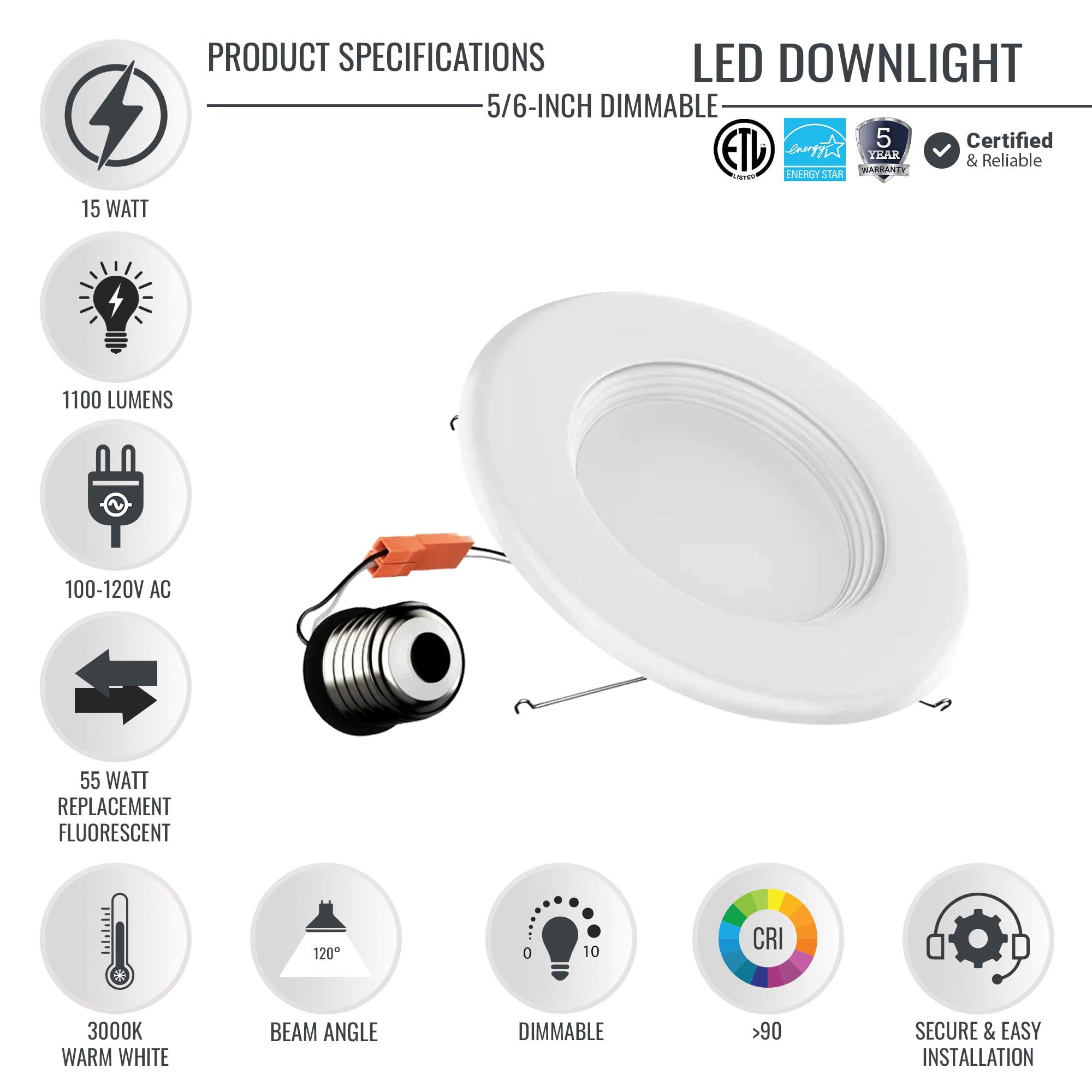 LEDMyplace.com LEDMyplace 5/6 inch 15W Round Dimmable Retrofit LED Recessed Downlight, Pack of 12, Replacement of 55W, 1100 Lumens, 3000K Warm White, Baffle Trim Can Lights, Ceiling Lighting for Home, Office