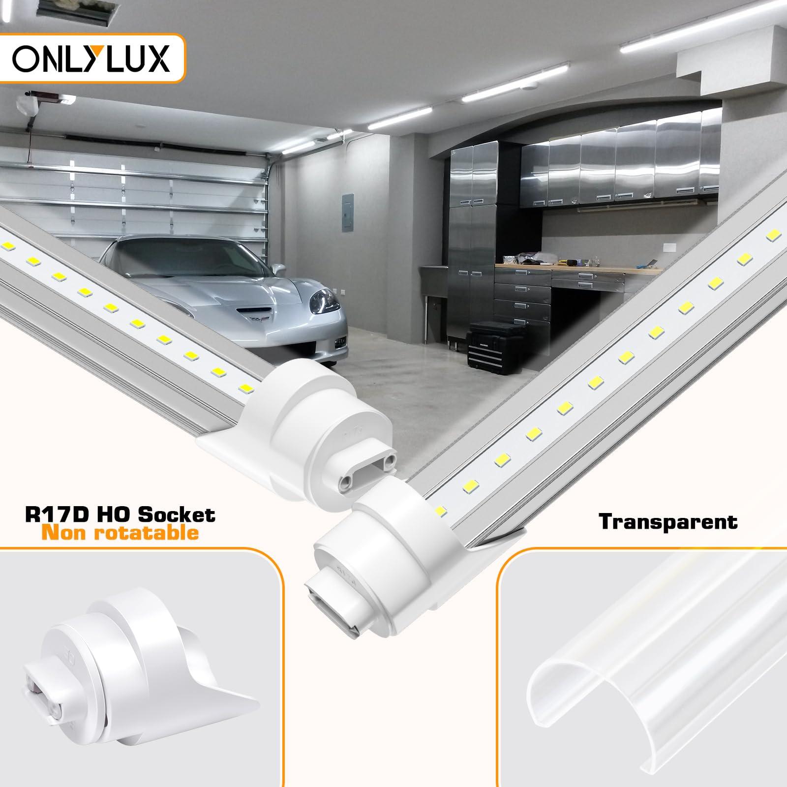 ONLYLUX ONLYLUX 8ft R17D LED Tube Light, F96t12 HO 8 Foot Led Bulbs, 96\'\' 8ft led Shop Light to Replace T8 T12 Fluorescent Light Bulbs, 100-277V Input, 4800LM, Cold White 6000K, Clear Lens (10 Pack)