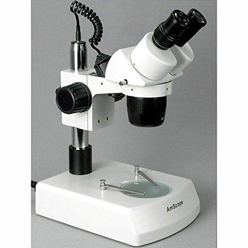 AmScope AmScope SW-2B24X Binocular Stereo Microscope, WH10x Eyepieces, 10X/20X/40X Magnification, 2X/4X Objective, Upper and Lower Halogen Lighting, Pillar Stand, 110V-120V, Includes 0.5x Barlow Lens