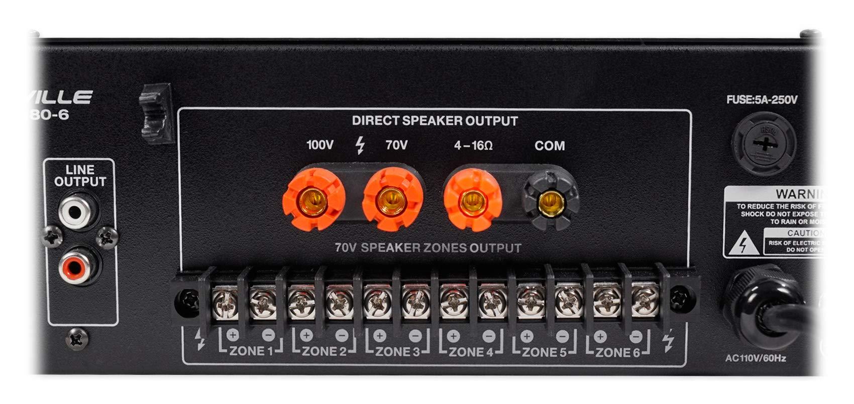 Rockville Rockville RCS180-6 180W 6 Zone 70v Commercial Amplifier with 3 x 1/4" Mic Inputs, Bluetooth, Multi-Room Audio, SD/USB Inputs, Perfect for Restaurants/Offices