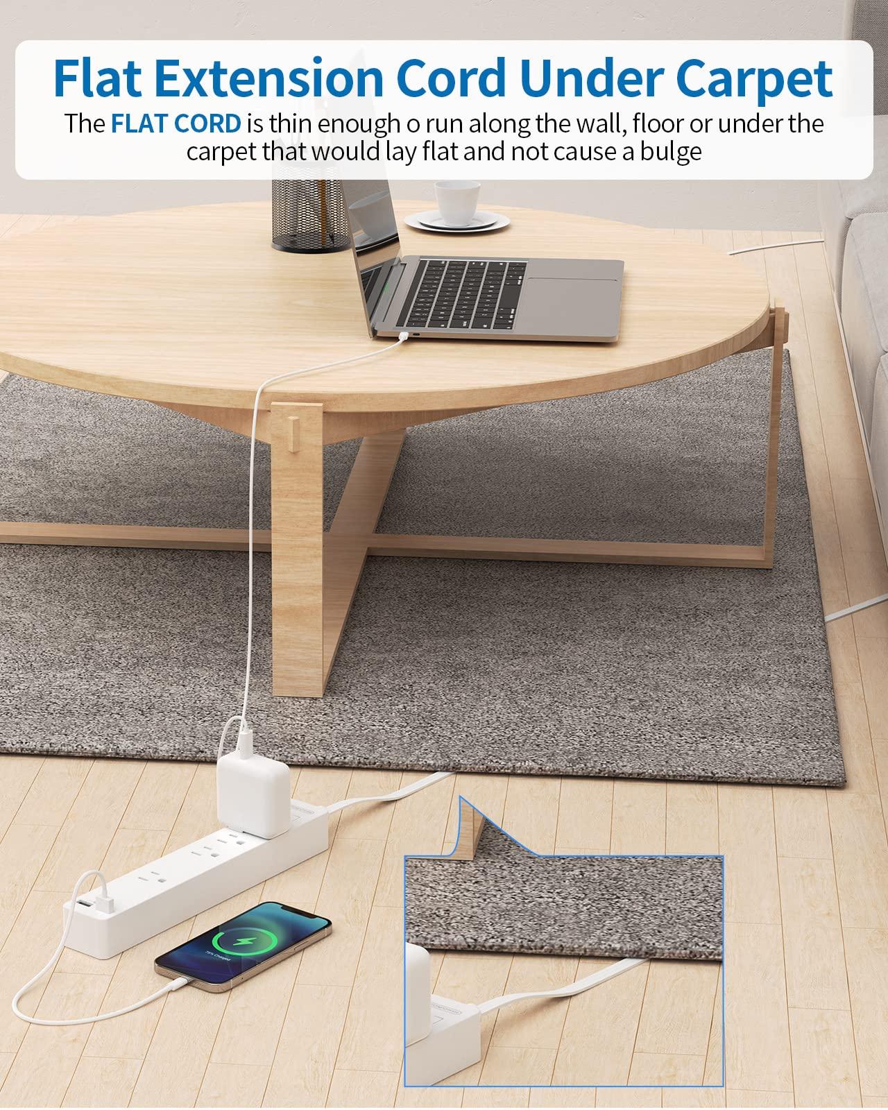 NTONPOWER Flat Extension Cord 15 ft, NTONPOWER Ultra Thin Flat Extension Cord Under Carpet, Rug, Door, Wall Mount Power Strip Flat Plug with 4 Outlets 2 USB, Overload Protection for Home Office Indoor, White