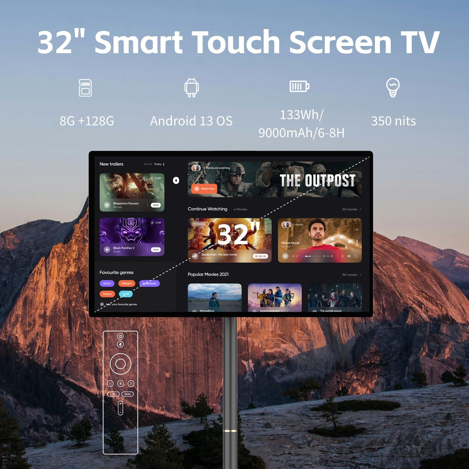 BFSign 32 Inch Portable TV on Wheels, 8G RAM +128GB, 8-core Qualcomm CPU Rolling TV with 19201080 Touch Screen, 4K Camera, Built-in 9000mAh Battery, Android 13 OS,Full Swivel Rotation