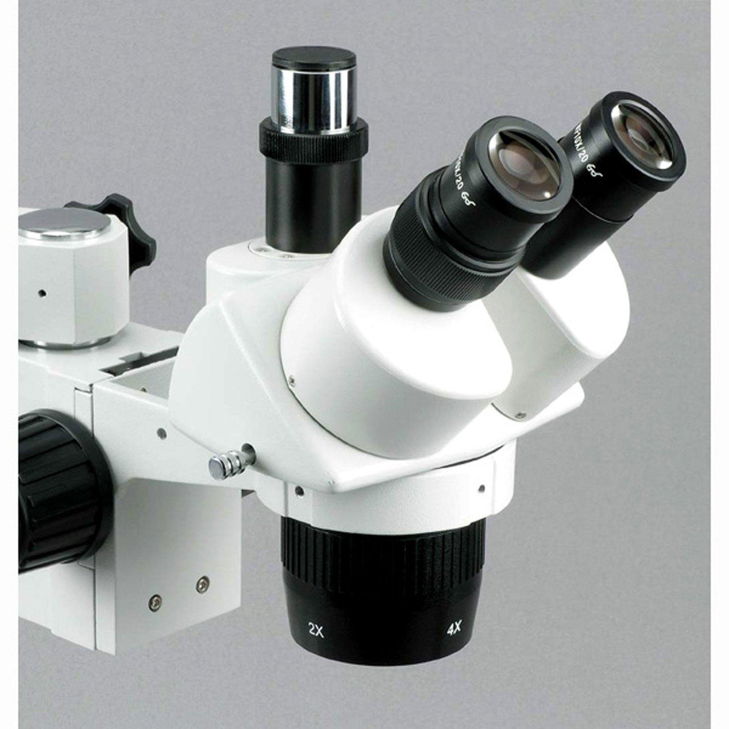 AmScope AmScope SW-3T13X Trinocular Stereo Microscope, WH10x Eyepieces, 5X/10X/15X/30X Magnification, 1X/3X Objective, Single-Arm Boom Stand, Includes 0.5X Barlow Lens