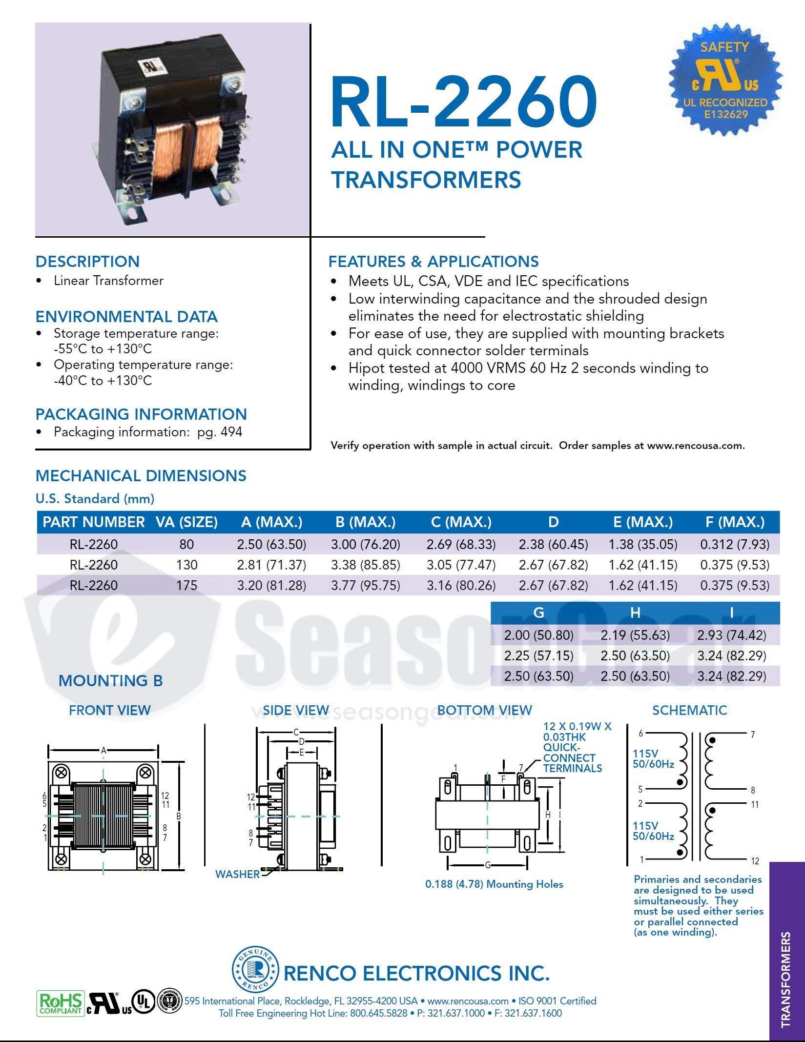 Renco Electronics Renco Electronics RL-2260-130-24 115/230 V, 12/24 V 130VA AC Power Transformer