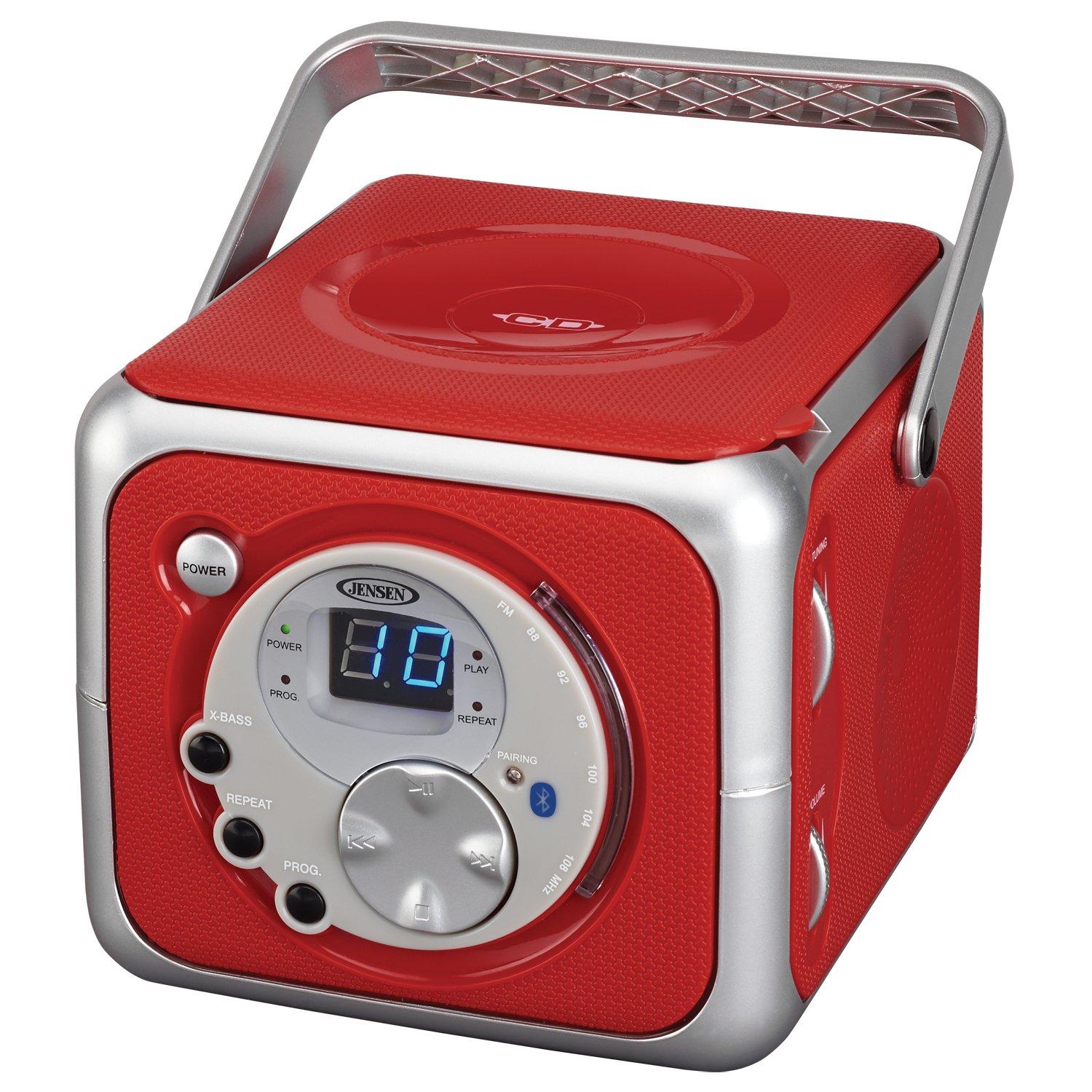 Jensen Jensen CD-555 Red CD Bluetooth Boombox Portable Bluetooth Music System with CD Player +CD-R/RW & FM Radio with Aux-in & Headphone Jack Line-in Limited Edition- (Red)