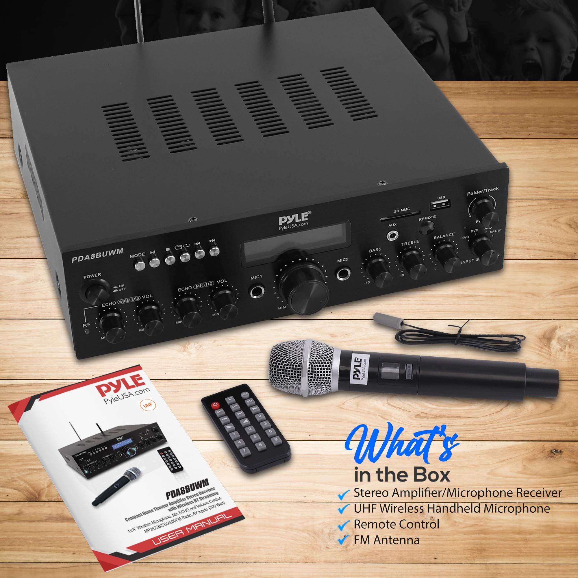 Pyle Pyle Wireless Microphone Bluetooth Amplifier-200W Peak Power Dual Channel Stereo Audio Receiver w/USB,AUX in, Dual Mic Inputs w/Echo Control,RCA Input, For Karaoke,Home Theater,Music Studio- PDA8BUWM
