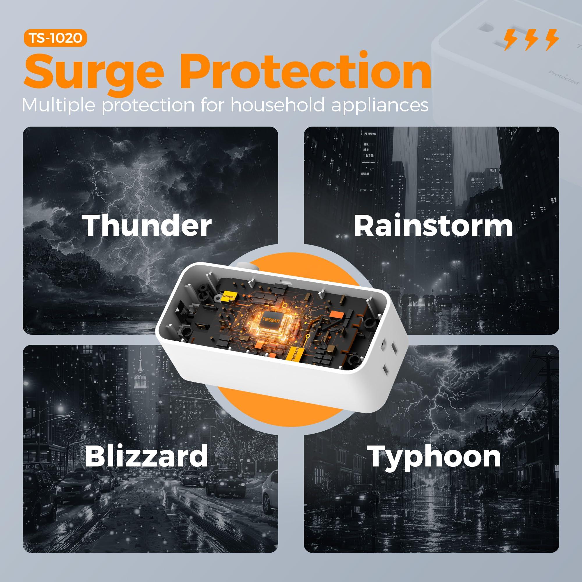 TESSAN Surge Protector Power Strip, TESSAN Flat Plug Extension Cord 10 FT with 4 Wide Spaced AC Outlets, 900J Protection, Wall Mountable Charging Station for Home Office School Dorm Room Essentials