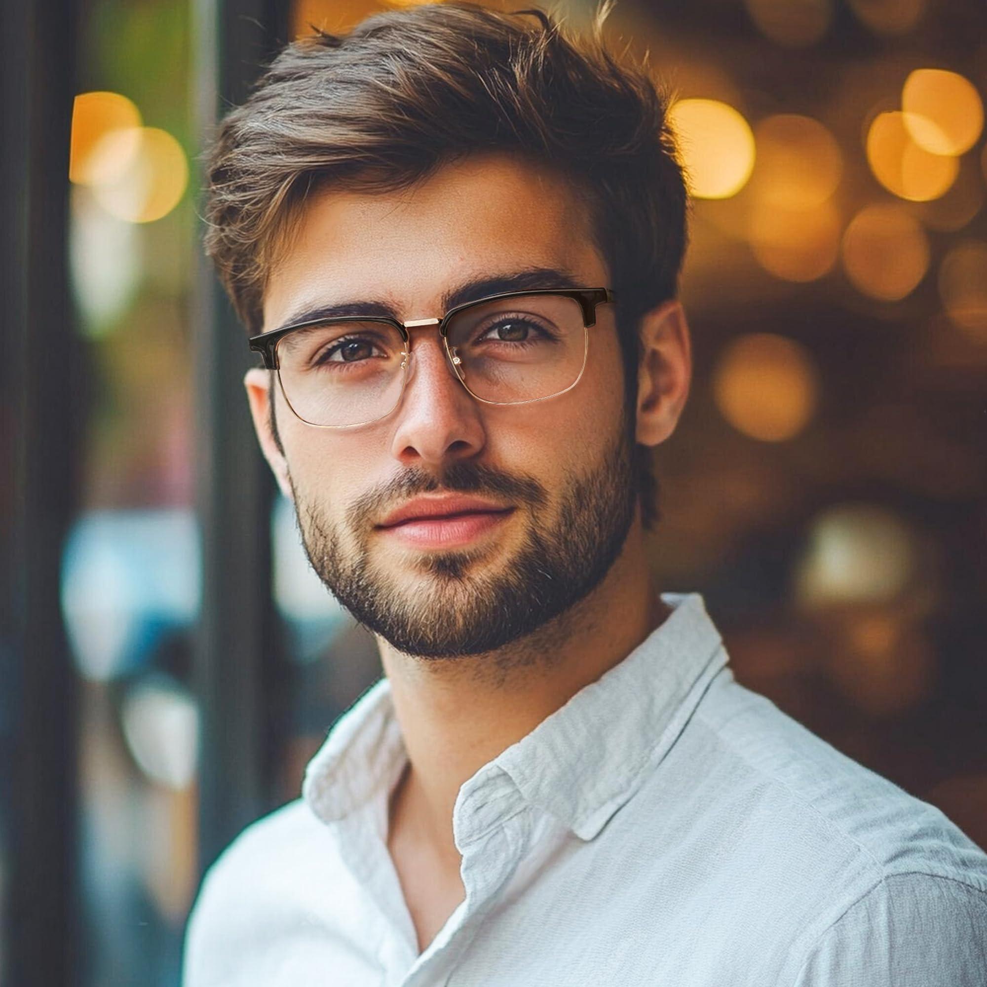 Cyxus Cyxus Men Blue Light Blocking Glasses Half Rimless Computer Gaming Glasses Square Fashion Glasses for Men 8216 Black Gold