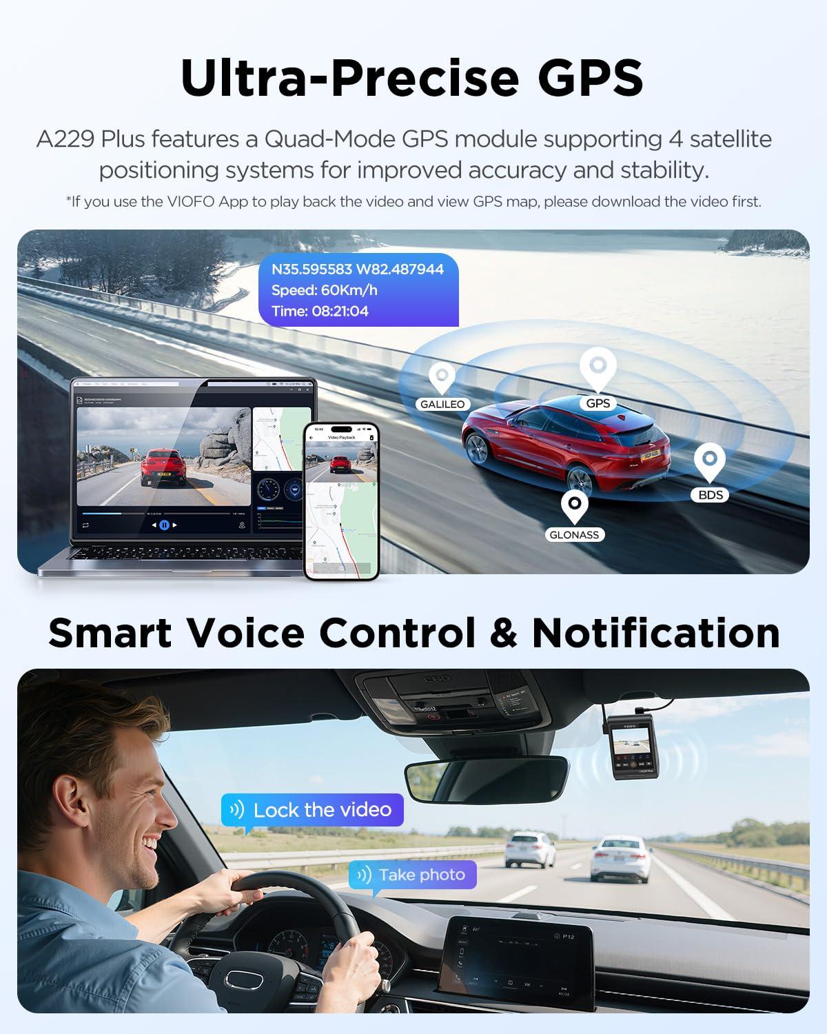 VIOFO VIOFO A229 Plus 3 Channel Dash Cam, Dual STARVIS 2 Sensors, 3-Channel HDR, 1440P+1440P+1080P Front Inside and Rear Car Camera, 5GHz Wi-Fi, Voice Control, Ultra-Precise GPS, 24 Hours Parking Mode