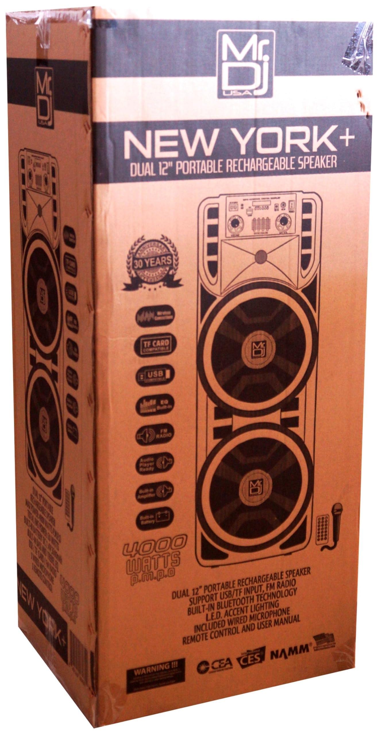 Mr. Dj MR DJ NEWYORK+ 12" X 2 Rechargeable Portable Bluetooth Karaoke Speaker with Party Flame Lights Microphone TWS USB FM Radio