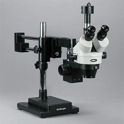 AmScope AmScope SM-4TZ-FRL-MB Digital Professional Trinocular Stereo Zoom Microscope, WH10x Eyepieces, 3.5X-90X Magnification, 0.7X-4.5X Zoom Objective, 8W Fluorescent Ring Light, Double-Arm Boom Stand, 110V-120V, Includes 0.5X and 2.0X Barlow Lenses and 1.3