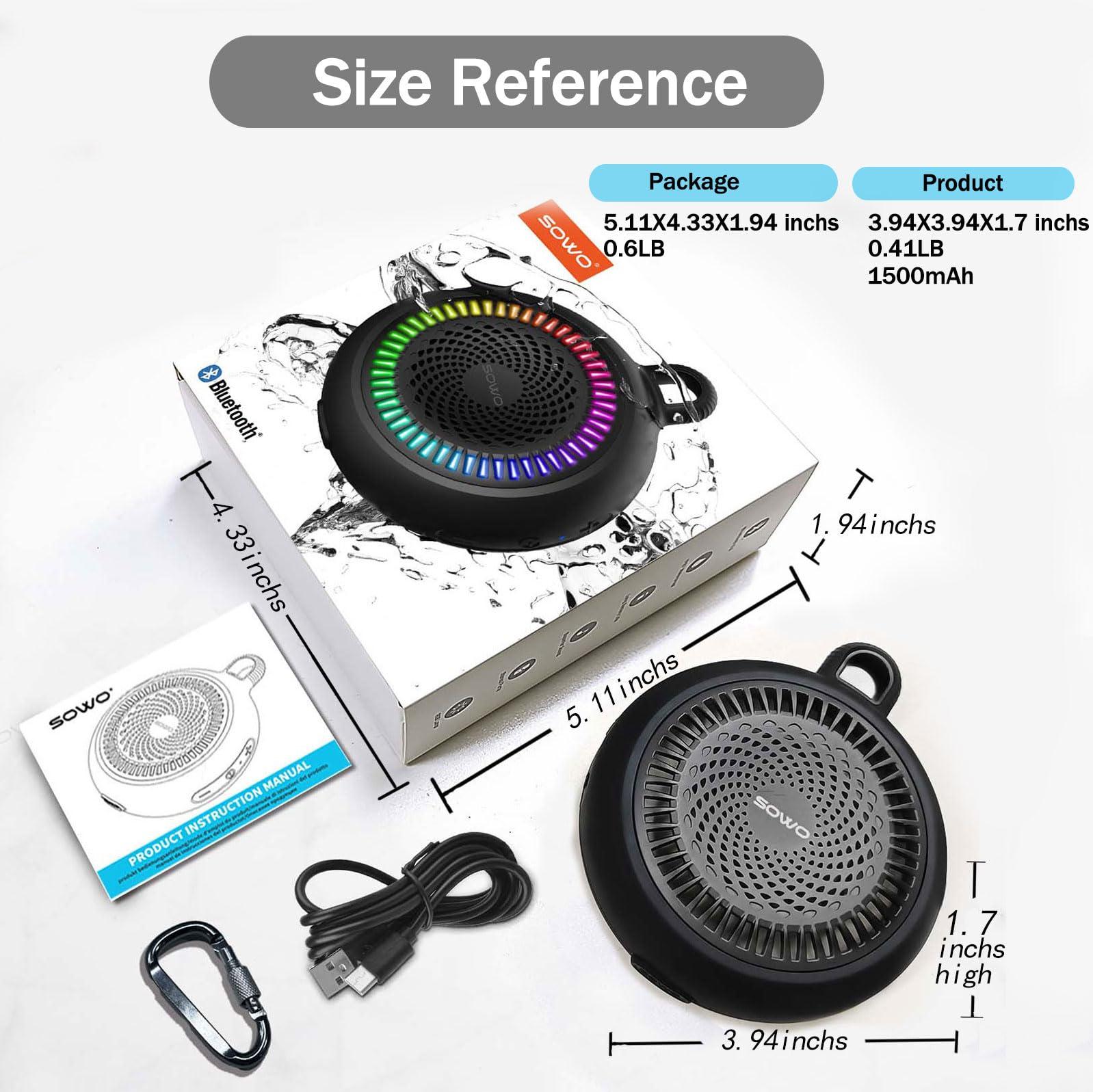 SOWO Bluetooth Shower Speaker Waterproof | Small Portable Bluetooth Speaker Wireless with Clip | Powerful Bass and Louder Volume | Colorful Lights and Lightweight | with TWS Pairing | Black