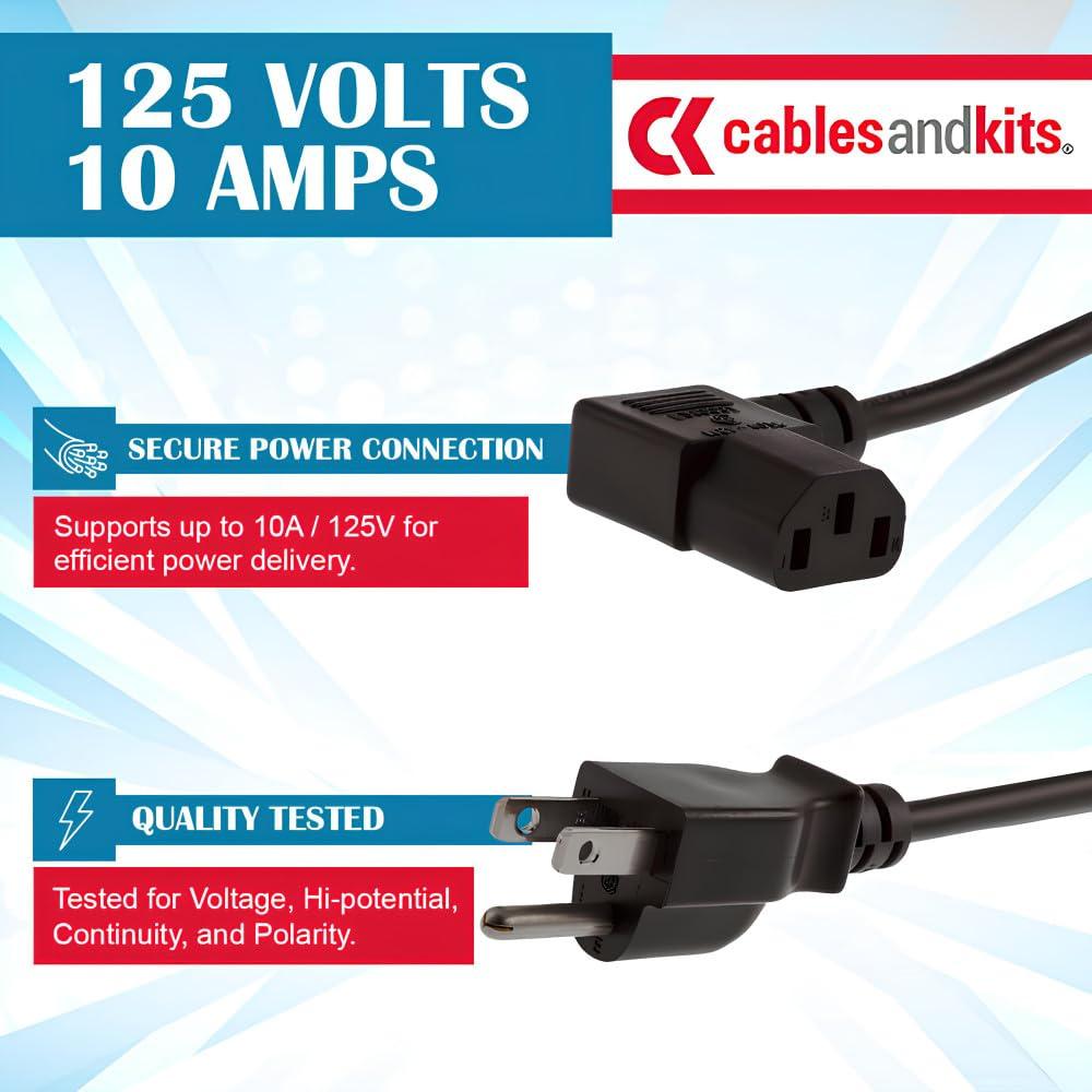 CablesAndKits CablesAndKits 10 ft Right Angle Power Cord for PC Computer Monitor Printer, 10A/125V, 18 AWG, 5-15P to C13, Right Angle Computer Power Cord (NEMA 5-15P to IEC-60320-C13) Black Lifetime Wty