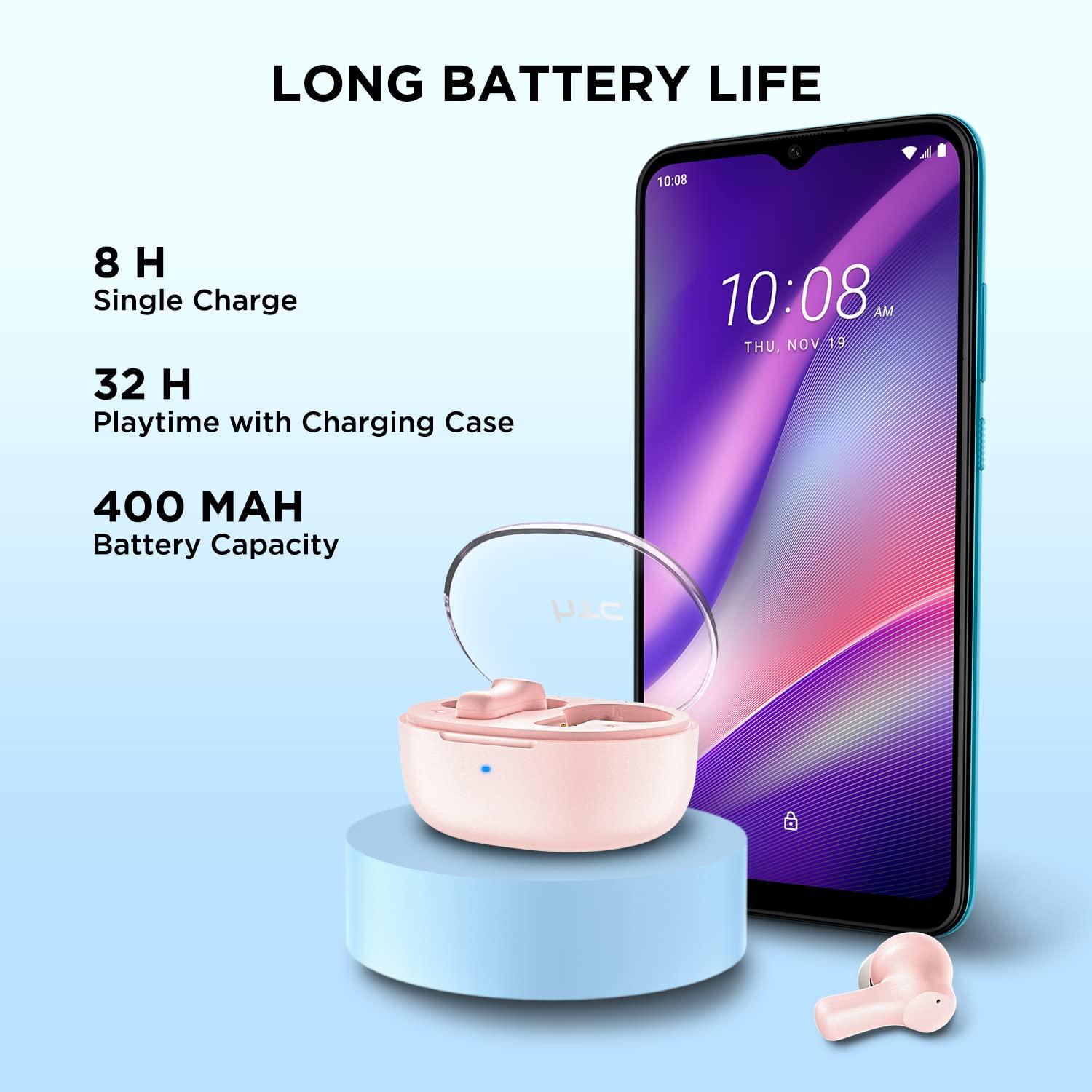 HTC HTC True Wireless Earbuds 1 Bluetooth 5.3 Earphones, in-Ear Headphone ENC Noise Cancellation with Transparent Charging Case, 32-Hour Playtime/Built-in Mic/Touch Control -Crystal Pink