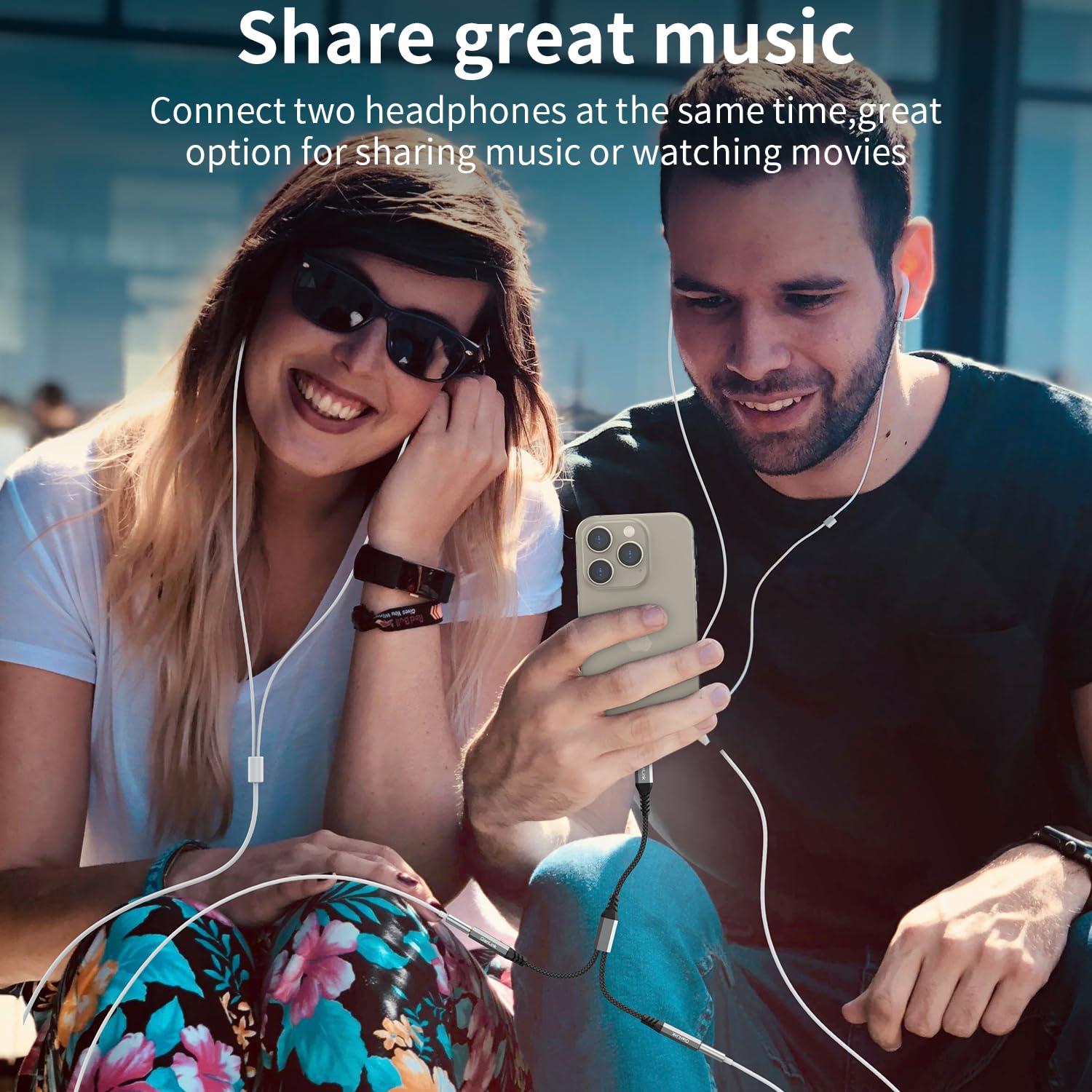 QianLink USB C to Dual 3.5mm Female Headphone Splitter, Type C to Dual 3.5mm Aux Y Jack Splitter Headphone Microphone Adapter for iPhone 15 16 Pro Max Plus, Samsung Galaxy S24 23 22, Pixel, Note 20, iPad Pro