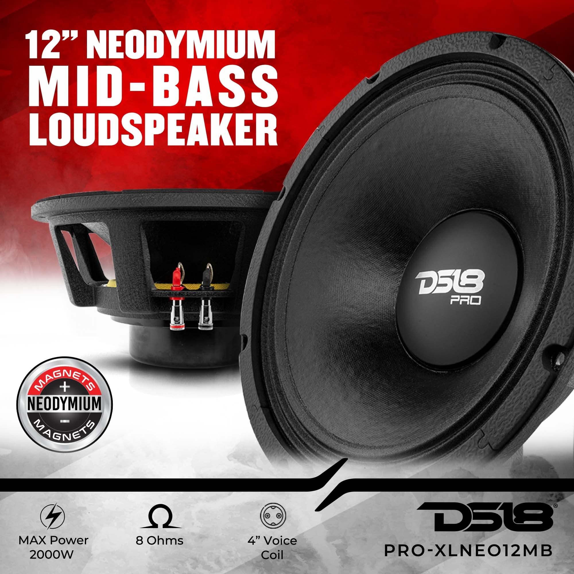 DS18 DS18 PRO-XLNEO12MB 12" Car Audio Mid-Bass Loudspeaker with Neodymium Magnet 2000 Watts Max Power 1000 Watts Rms 4" Voice Coil 8-Ohm - The Loudest Midbass Ever - 2 Speakers