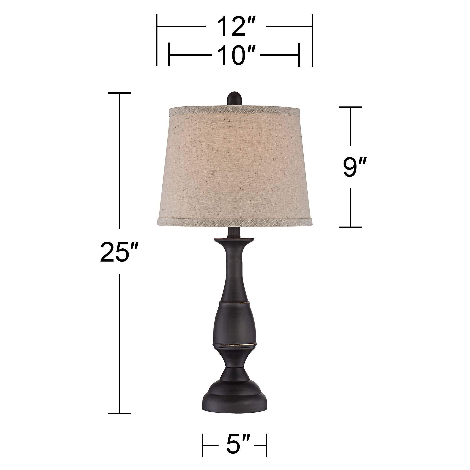 Regency Hill Regency Hill Ben Farmhouse Traditional Table Lamps 25" High Full Size Set of 2 Dark Bronze Brown Metal Beige Linen Drum Shade Decor for Living Room Bedroom House Bedside Nightstand Home Office