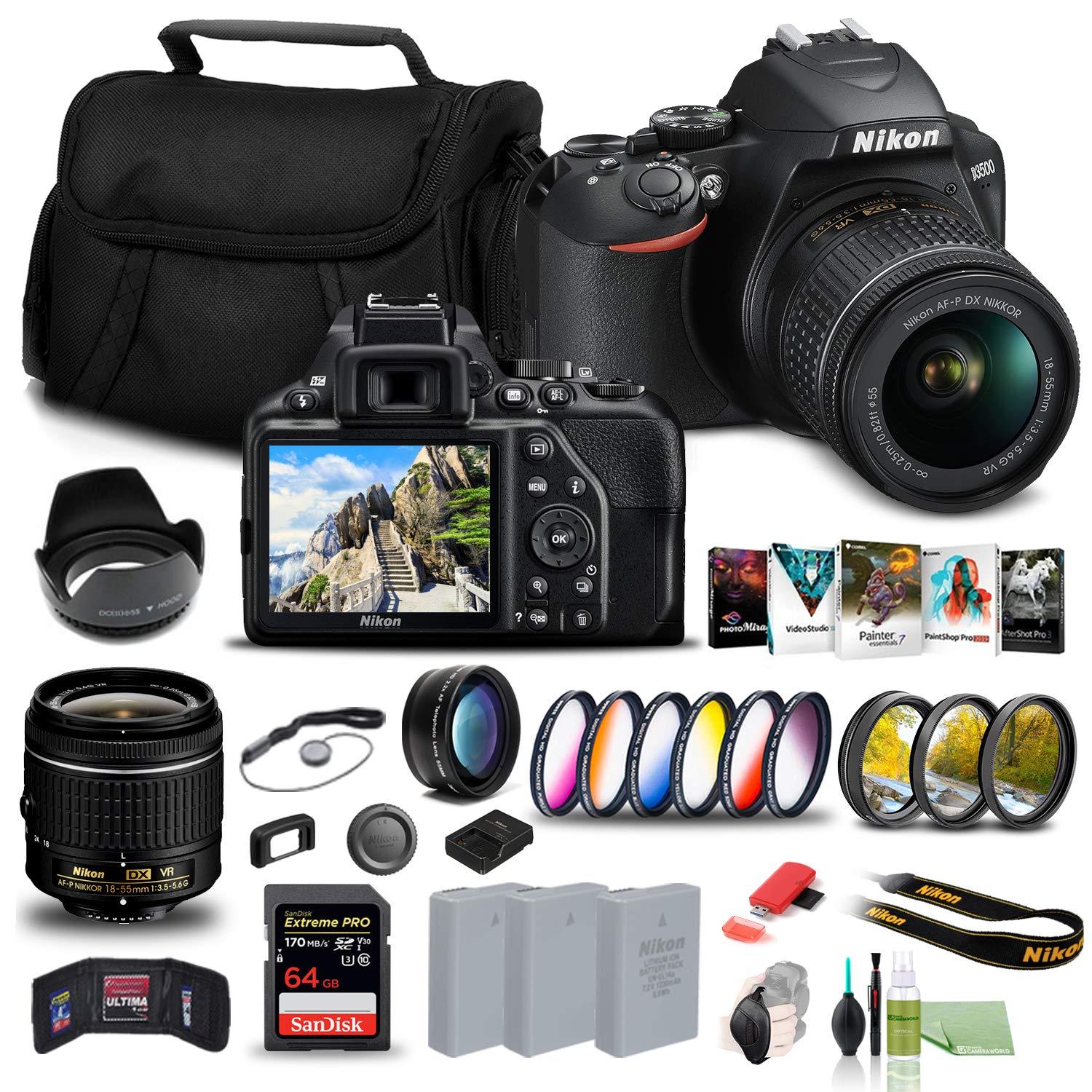 Nikon Nikon D3500 DSLR Camera with 18-55mm Lens (1590) + 64GB Card + 2 x EN-EL14a Battery + Corel Photo Software + Case + 3 Piece Filter Kit + Telephoto Lens + Color Filter Kit + More (Renewed)