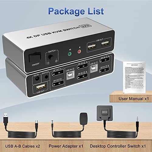 Arkidyn Plus DisplayPort KVM Switch Dual Monitors for 2 Computers 4K@60Hz 2 in 2 Out Displayport KVM Switch with Audio Microphone Output and 3 USB Ports, Keyboard Mouse Displayport Dual Monitor KVM