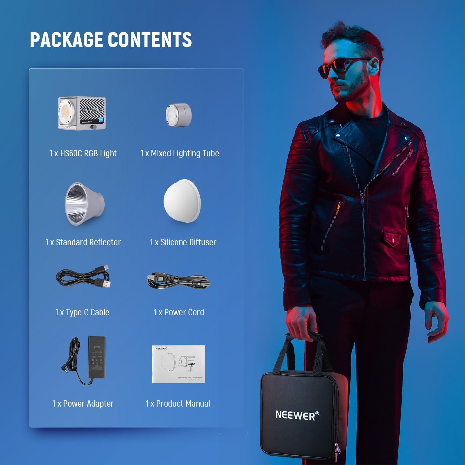 Neewer NEEWER 60W Portable RGB LED Video Light Handheld Fill Light, APP/2.4G/Panel Control 18 Scenes 8700Lux/1m 2700-6500K CRI97+ Dimmable COB Continuous Output Lighting for Video Recording Streaming, HS60C