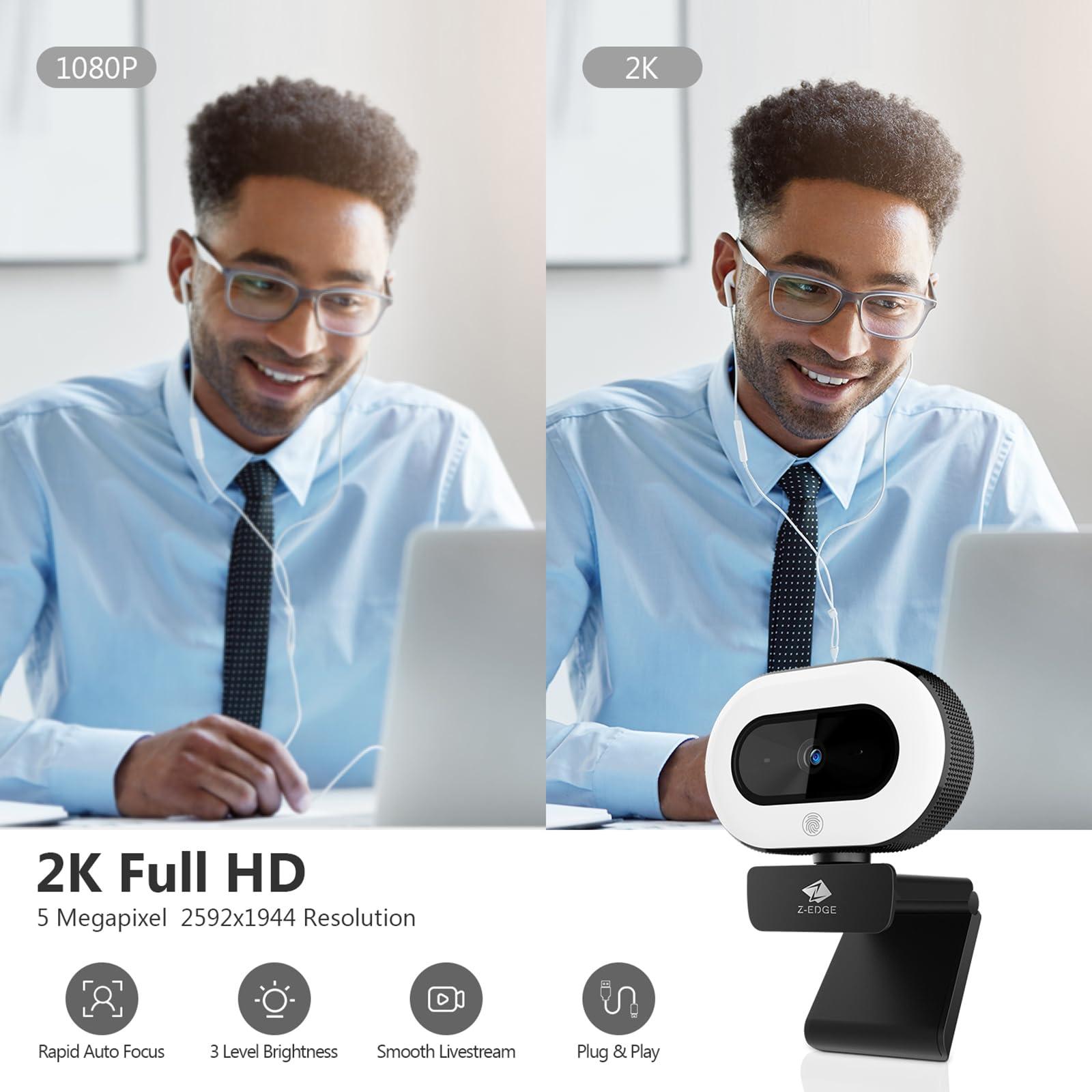 Z Z-EDGE Z-Edge ZW560S QHD 2K Stream Webcam Auto Focus Web Camera for PC/Desktop/Laptop, Built-in Stereo Sound & Noise Reduction Mic, Plug & Play, Touch Control Ring Light, Compatible with Windows/Android/Mac