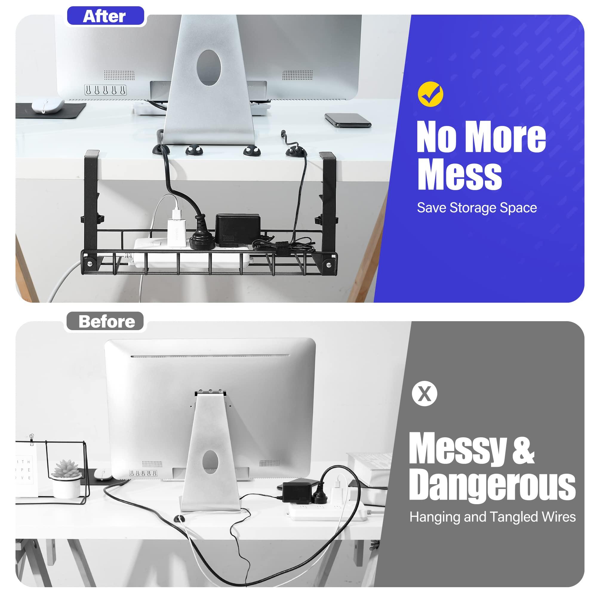 Xpatee Under Desk Cable Management Tray, Xpatee Upgraded Wire Management No Drill No Screws, Cable Tray with Clamp for Desk Wire Management, Computer Cable Rack for Office, Home - No Damage to Desk Black