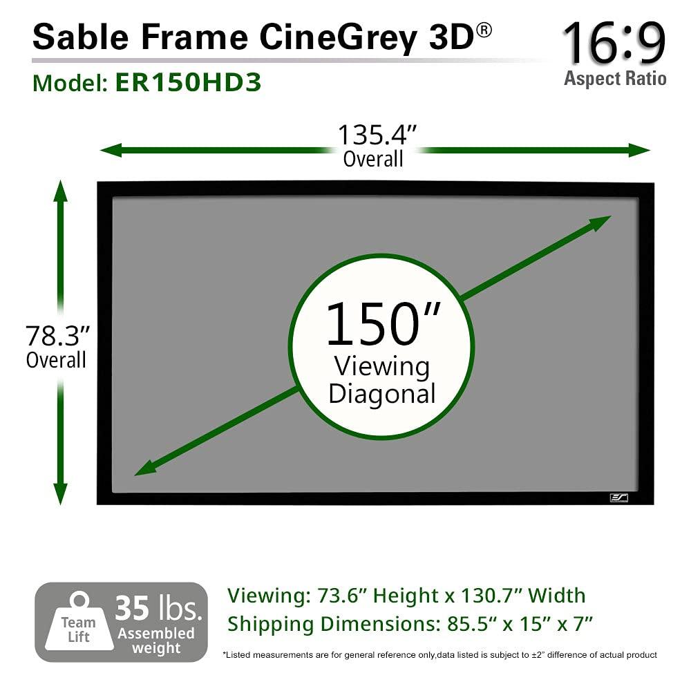 Elite Screens Elite Screens 150-Inch CLR and ALR Fixed Frame Projector Screen, Ceiling Light Rejecting, ISF-Certified CineGrey 3D Material, Indoor Home Theater Screen for Standard Throw Projectors Use, ER150DHD3