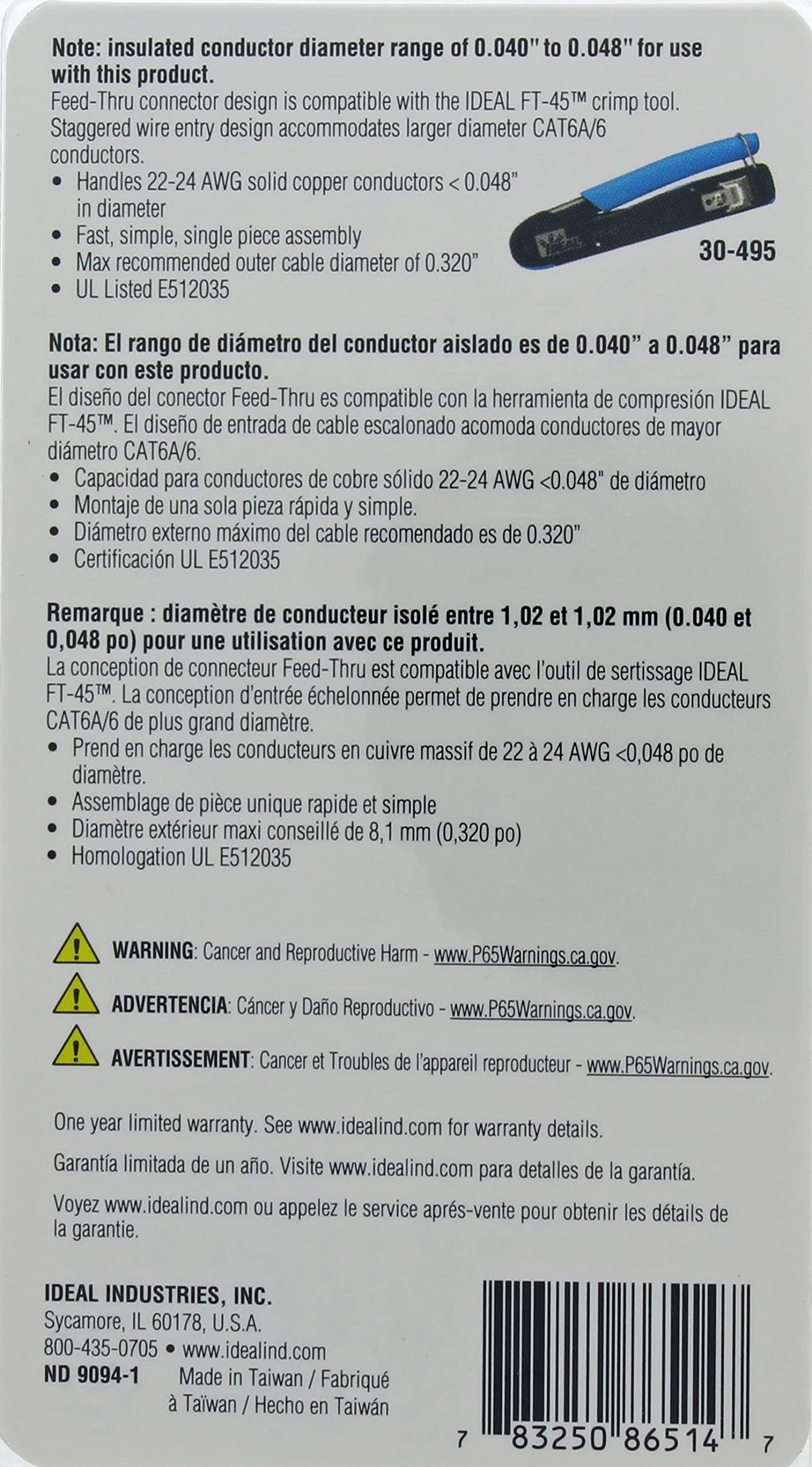 Ideal Industries IDEAL Electrical 85-385 Unshielded Feed-Thru Modular Plug, Cable Connector for CAT6A/6 Unshielded Cables, 50 Connectors