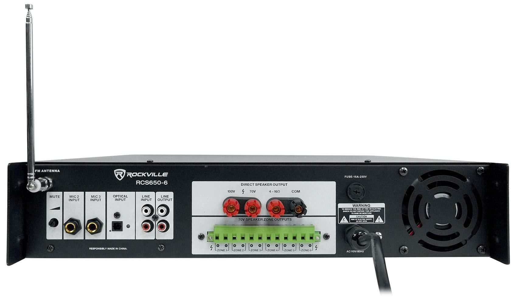 Rockville Rockville RCS650-6 650 Watt 6 Zone 70V Commercial Amplifier, Bluetooth, 3 Mic Inputs, Perfect for Restaurants, Bars, Cafs, Schools, Lounges