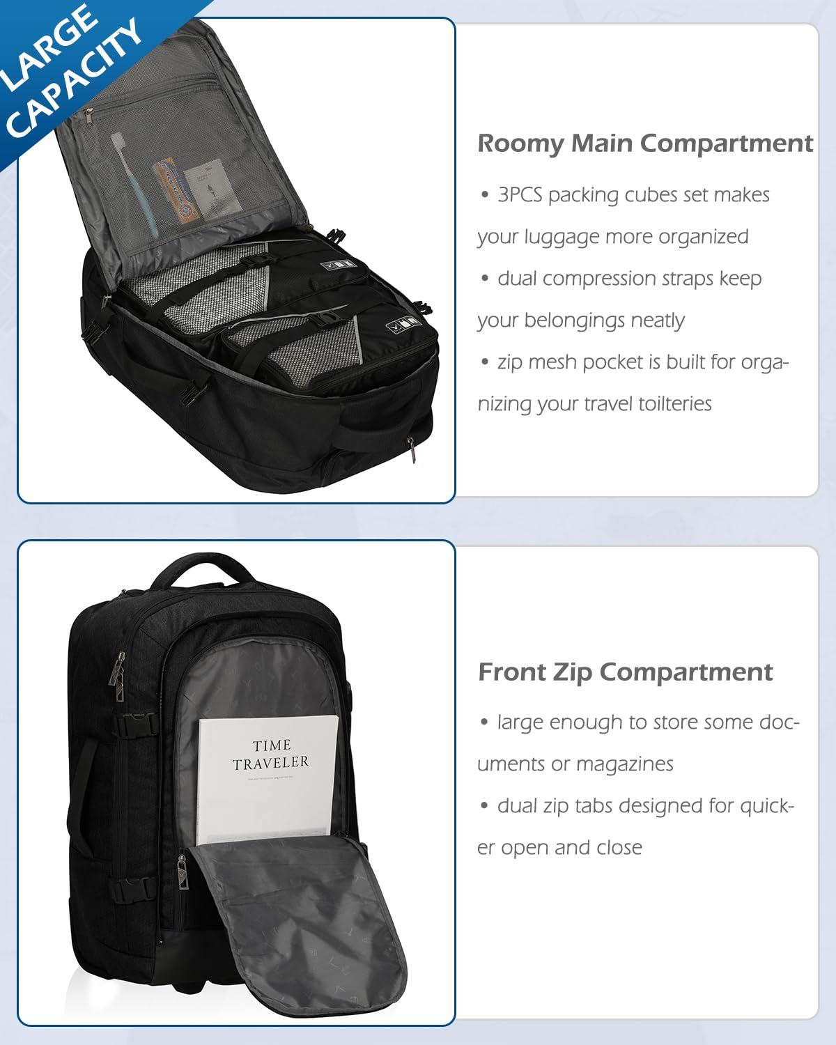 Hynes Eagle Hynes Eagle 2 in 1 Travel Backpack 22 inches Carry on Luggage 63L Rolling Backpack for Men Women with Packing Cubes 3PCS Set Black Waist Pack Beige