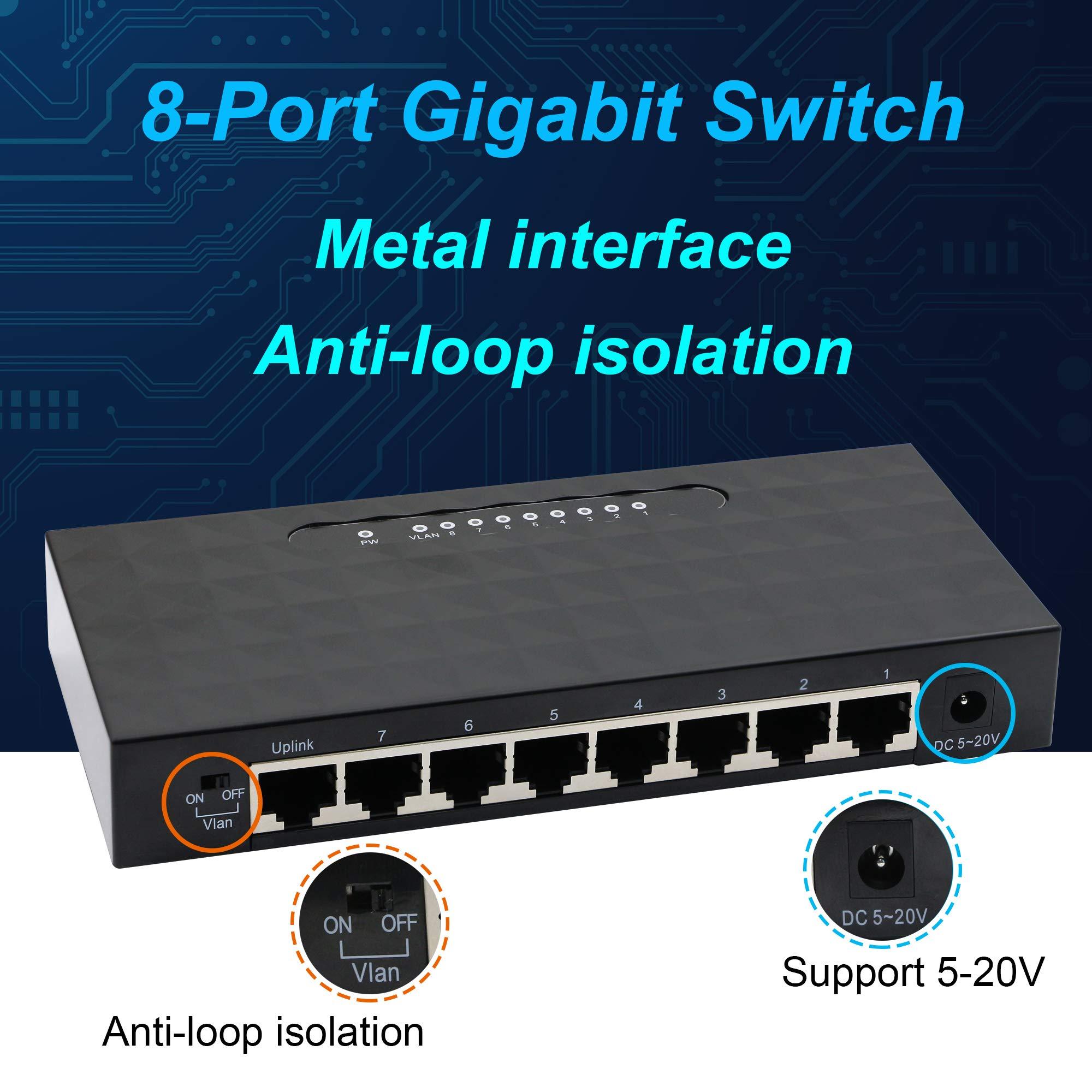 GINTOOYUN 8 Port Gigabit SwitchUnmanaged 10/100/1000Mbps Network Hub Ethernet Splitter,Plug and Play,Quiet Fanless,for Office and Home Entertainment.