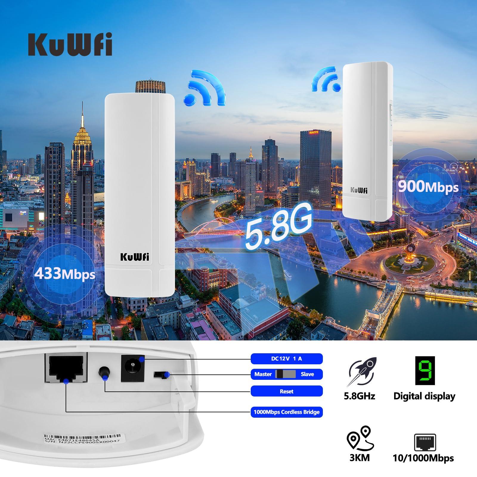 KuWFi KuWFi 5.8G 3KM Gigabit Wireless WiFi Bridge Point to Point Outdoor Work for Starlink Satellite Signal Extend Outdoor Super Long Range WiFi Router Bridge 1000Mbps Ethernet Port 24V PoE Power 2-Pack