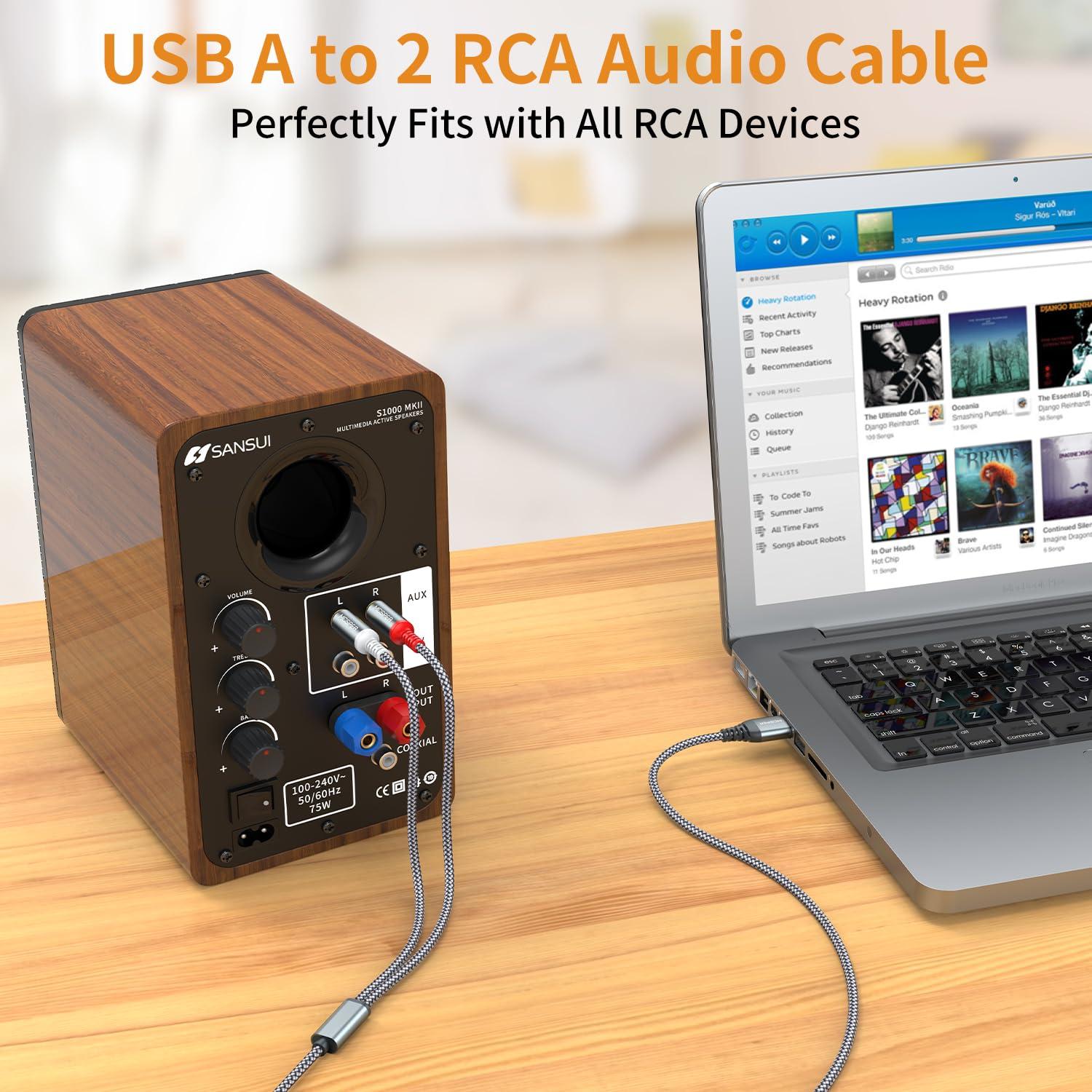 MCSPER USB to RCA Audio Cable (6.6FT), USB 2.0 Male to 2 RCA Male Stereo Audio Cable Converter, Nylon Braided USB to RCA Adapter for PC, Laptop, DVD Player, Speaker, Power Amplifier