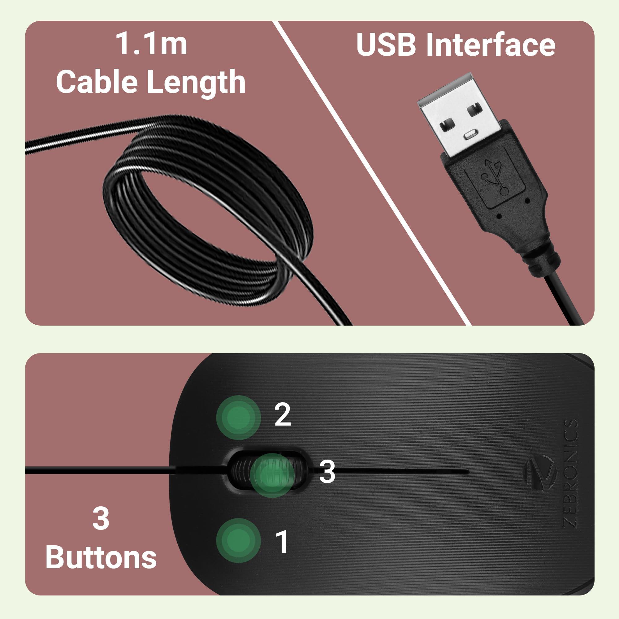 ZEBRONICS Zebronics Zeb-Power Wired USB Mouse, 3-Button, 1200 DPI Optical Sensor, Plug & Play, for Windows/Mac
