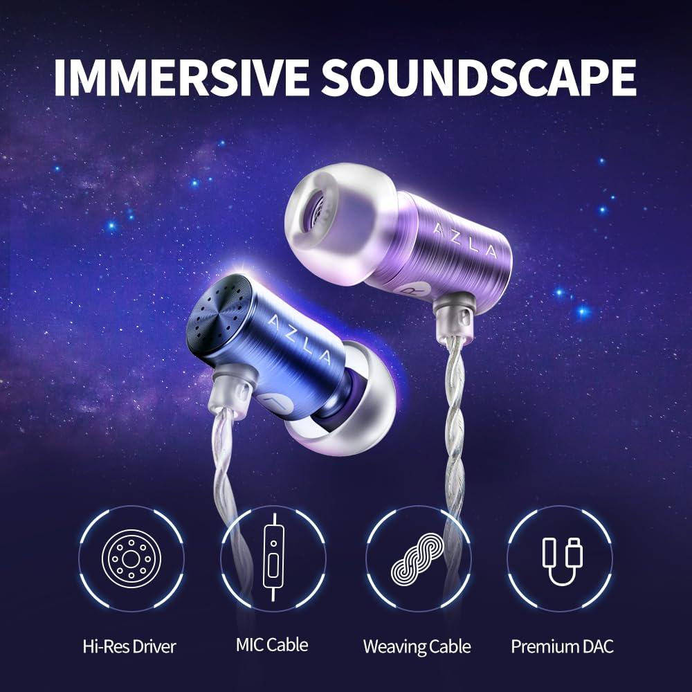 AZLA AZLA AZEL Edition G Gen 2 Wired Gaming in-Ear Earbud Headphones with Mic, 3.5mm Jack, USB-C to 3.5mm Adapter, USB-A to USB-C Converter, Black (PurpleBlue)