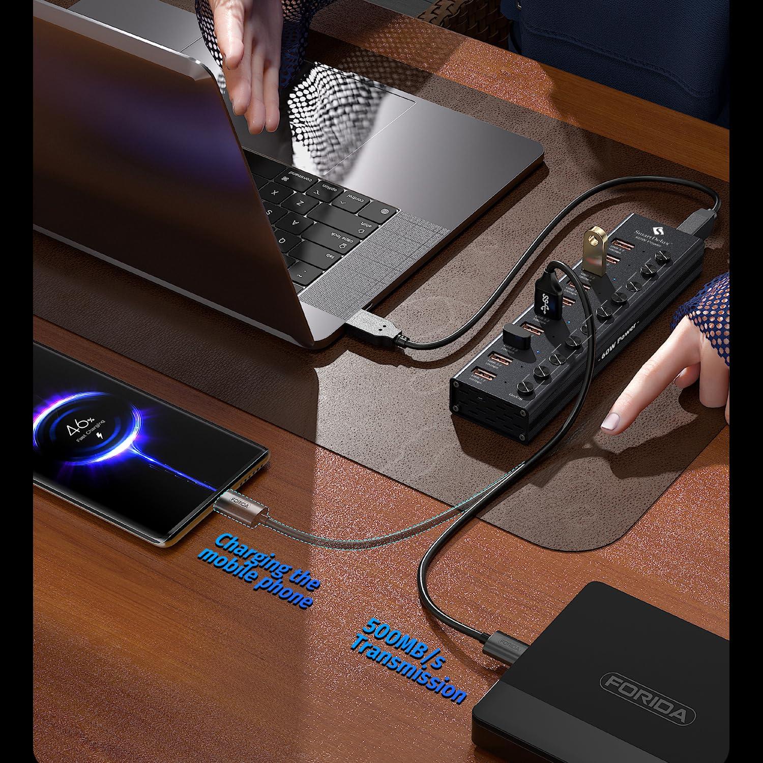 SmartDelux Powered USB 3.2 to Type-A, Type-C Hub, SmartDelux 10Gbps 10 Port Adapter, Individual LED Switches end High-Speed Data Transfer, Power Adapter 60W, USB Extension for Laptop, Flash Drive, PC and More