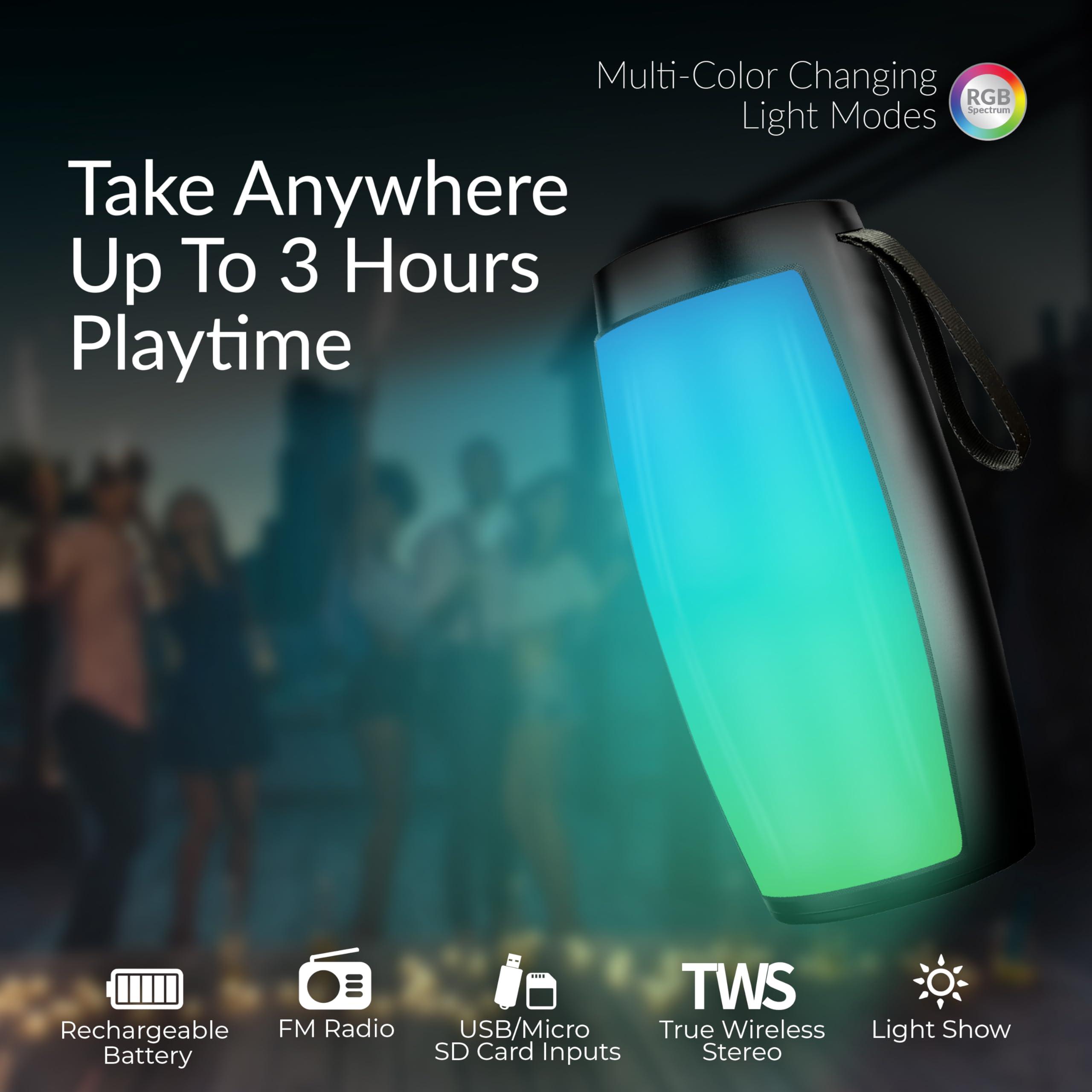 Supersonic Supersonic SC-2333BT Portable Bluetooth Speaker with RGB Light Panel, True Wireless Stereo, Bluetooth 5.0, USB/Micro SD Playback, FM Radio, Rechargeable Battery, 1-2 hrs Playtime